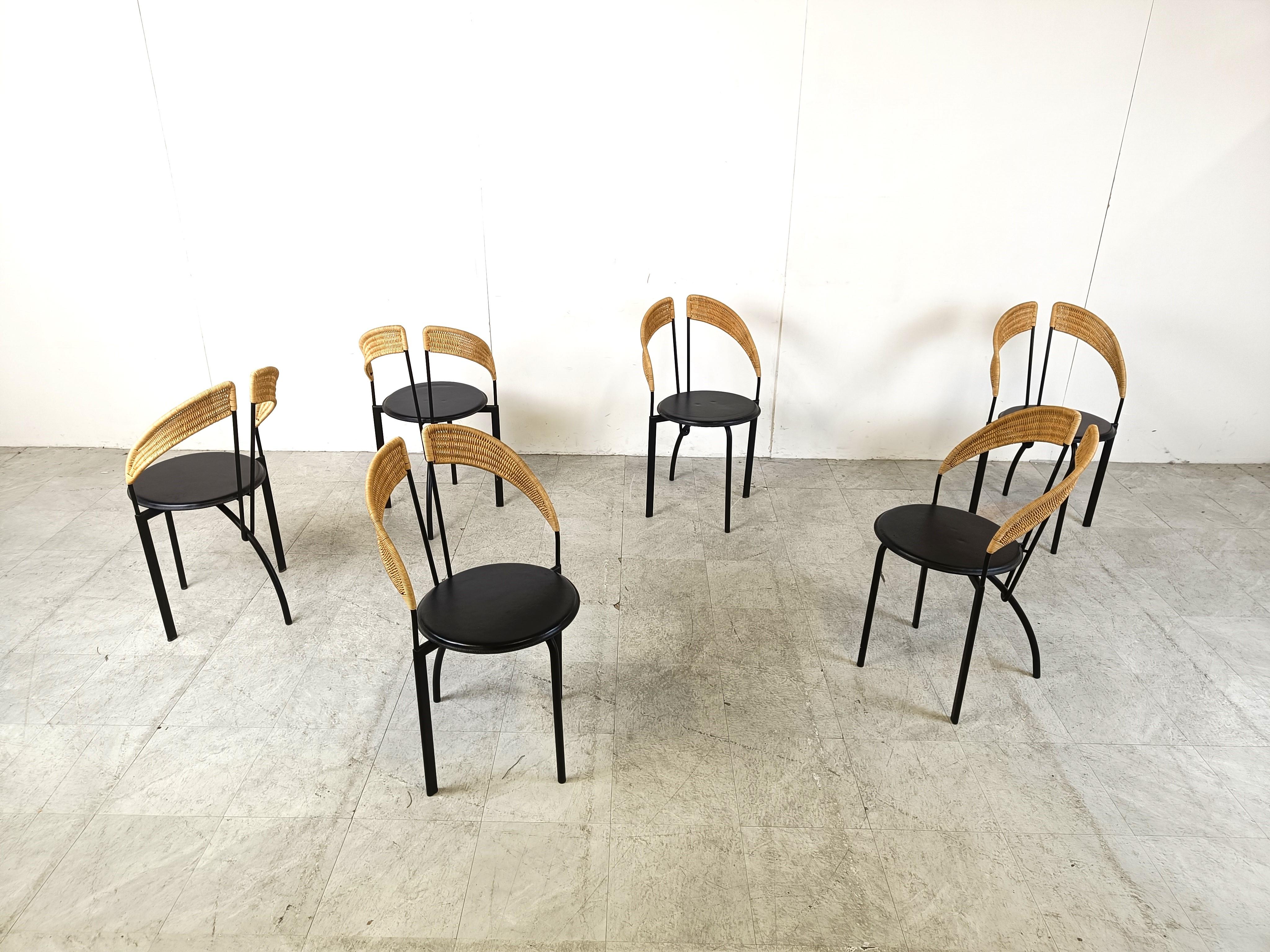 Set of 6 italian postmodern wicker and metal dining chairs, 1980s For Sale 4