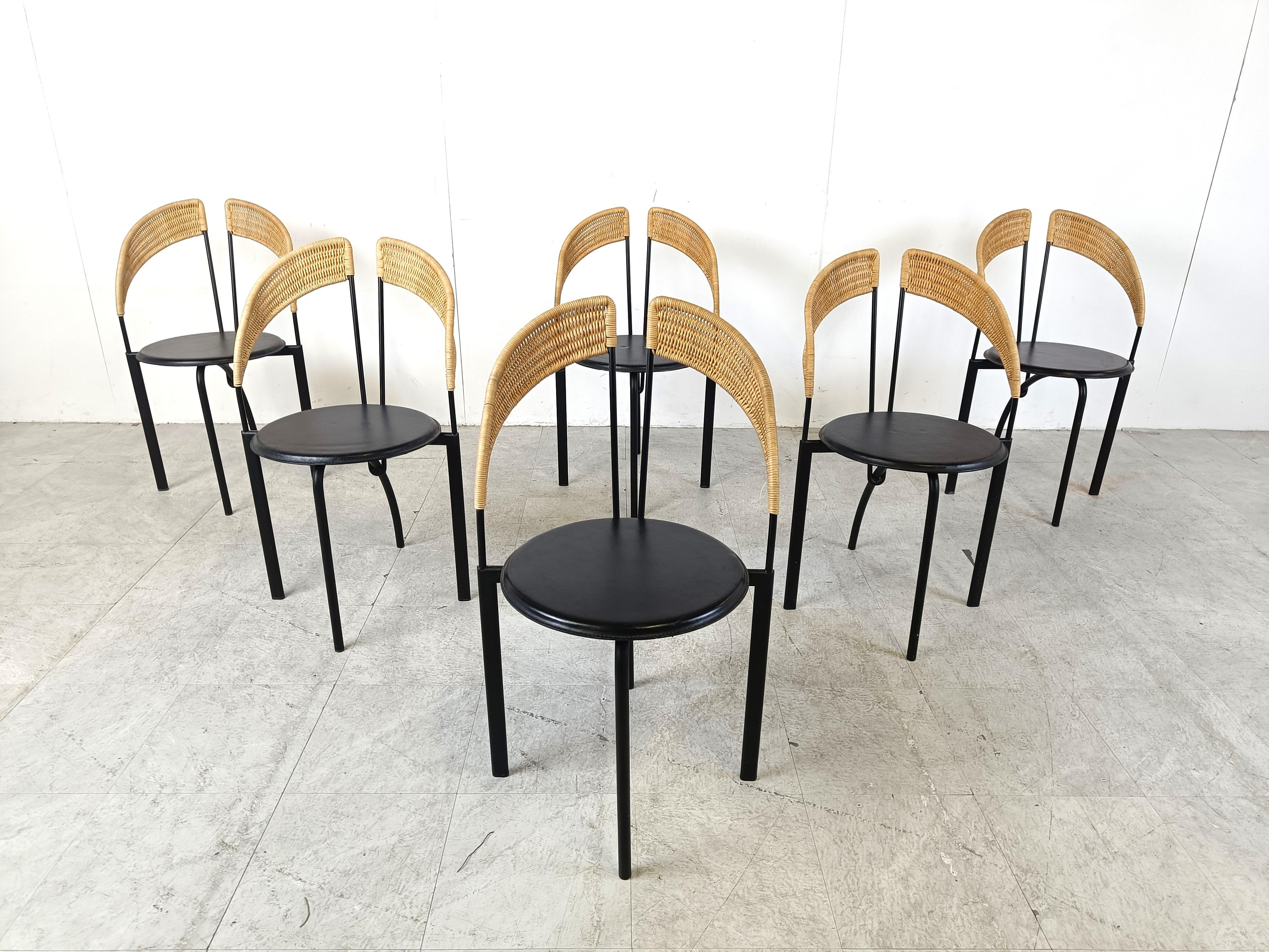 Post-Modern Set of 6 italian postmodern wicker and metal dining chairs, 1980s For Sale
