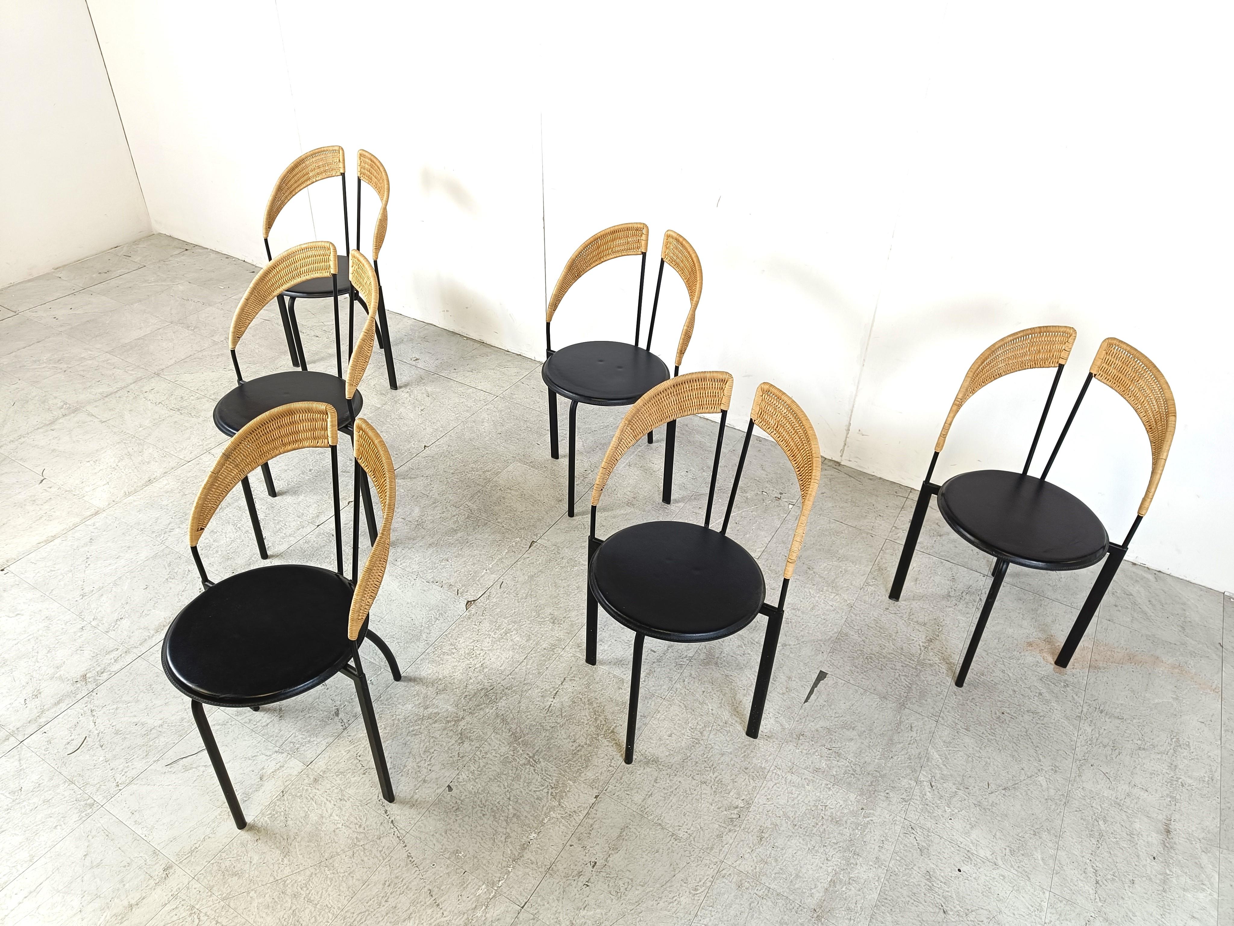 Italian Set of 6 italian postmodern wicker and metal dining chairs, 1980s For Sale