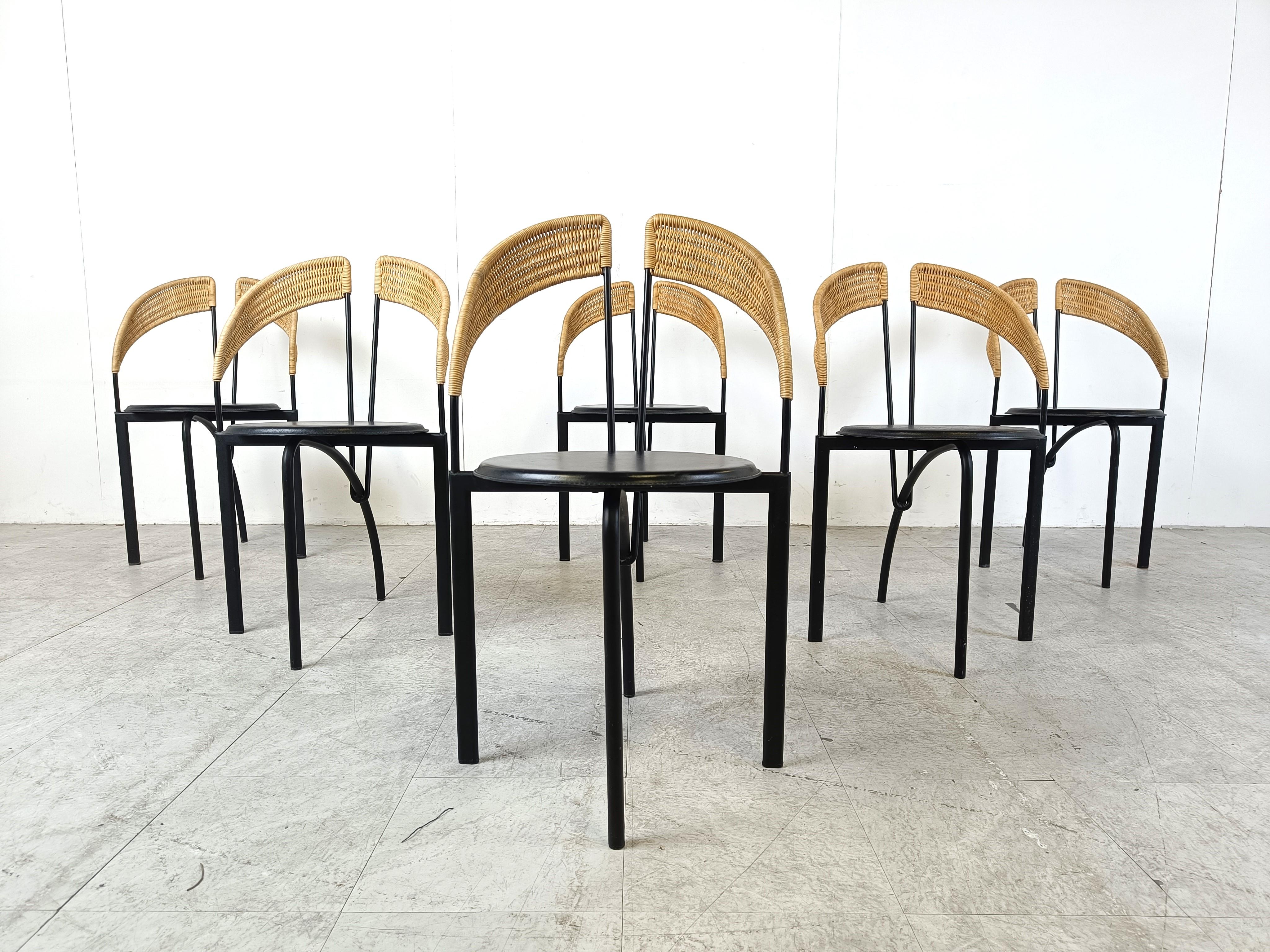 Set of 6 italian postmodern wicker and metal dining chairs, 1980s In Good Condition For Sale In HEVERLEE, BE
