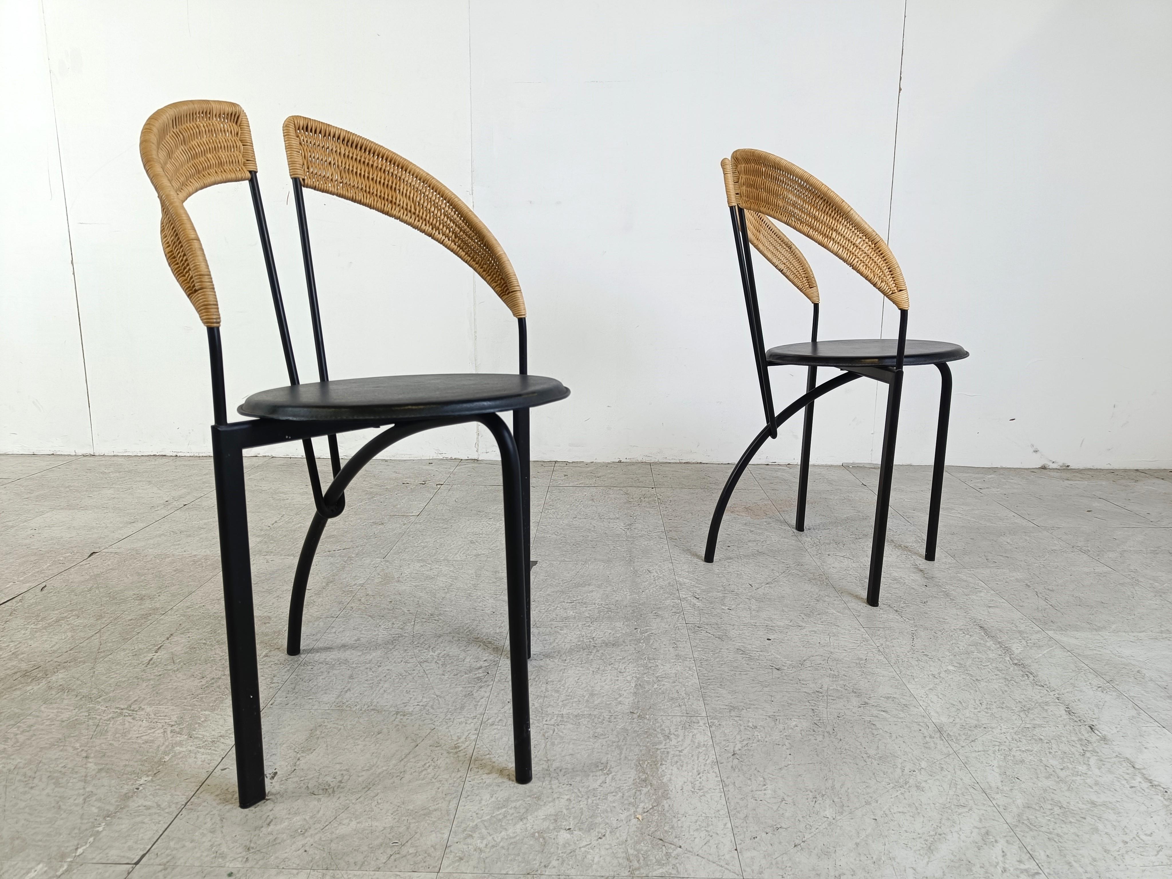 Late 20th Century Set of 6 italian postmodern wicker and metal dining chairs, 1980s For Sale