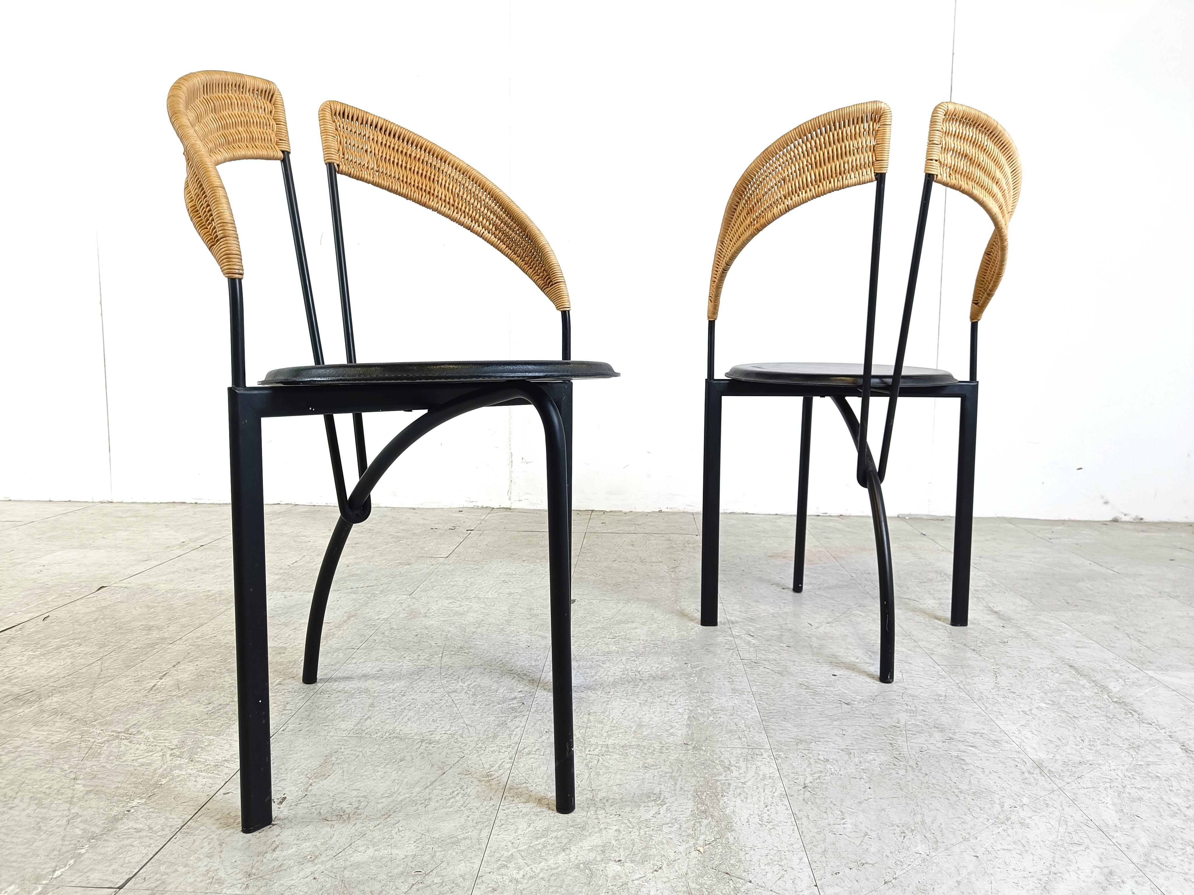 Metal Set of 6 italian postmodern wicker and metal dining chairs, 1980s For Sale