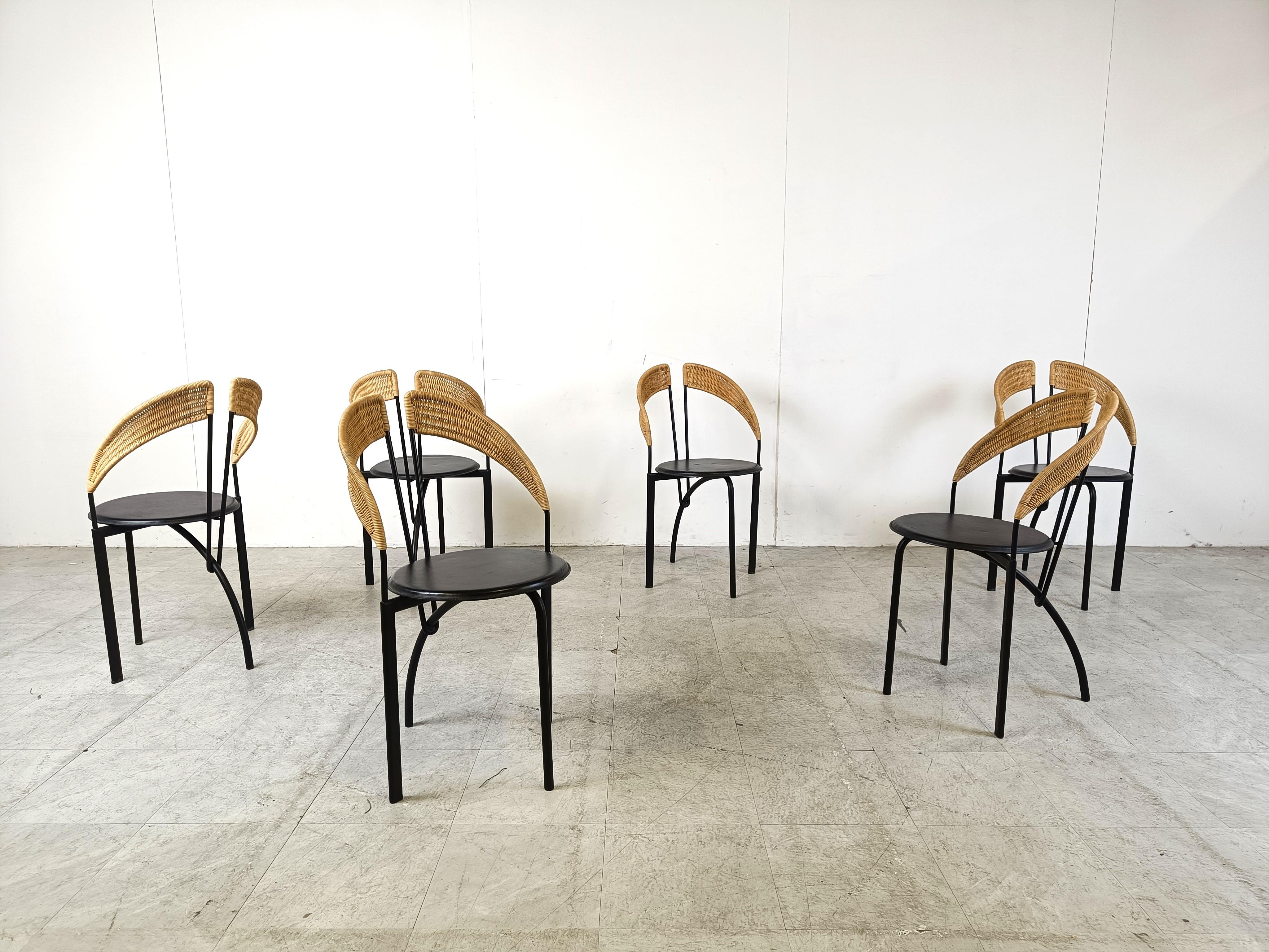 Set of 6 italian postmodern wicker and metal dining chairs, 1980s For Sale 1