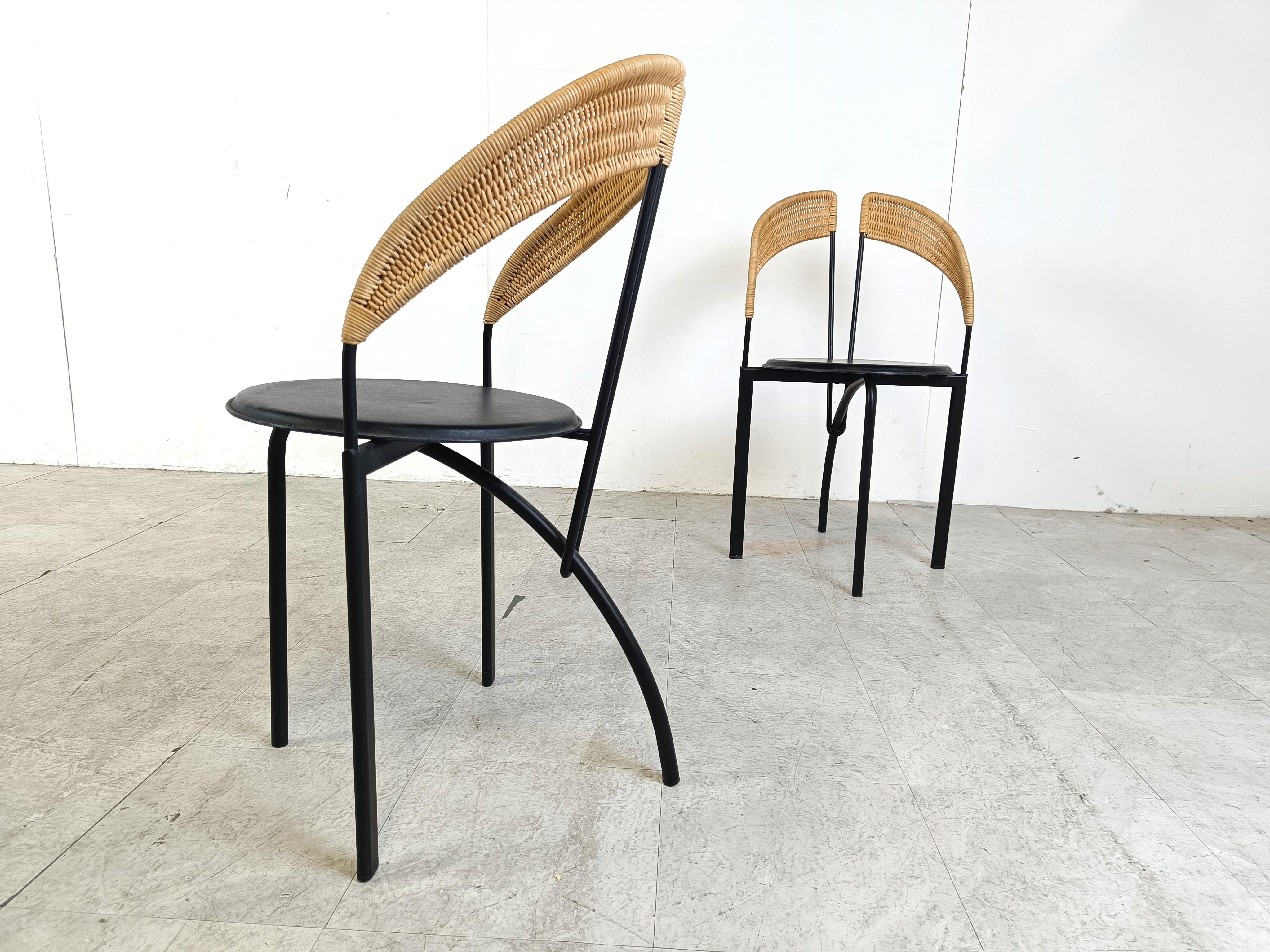 Set of 6 italian postmodern wicker and metal dining chairs, 1980s For Sale 2