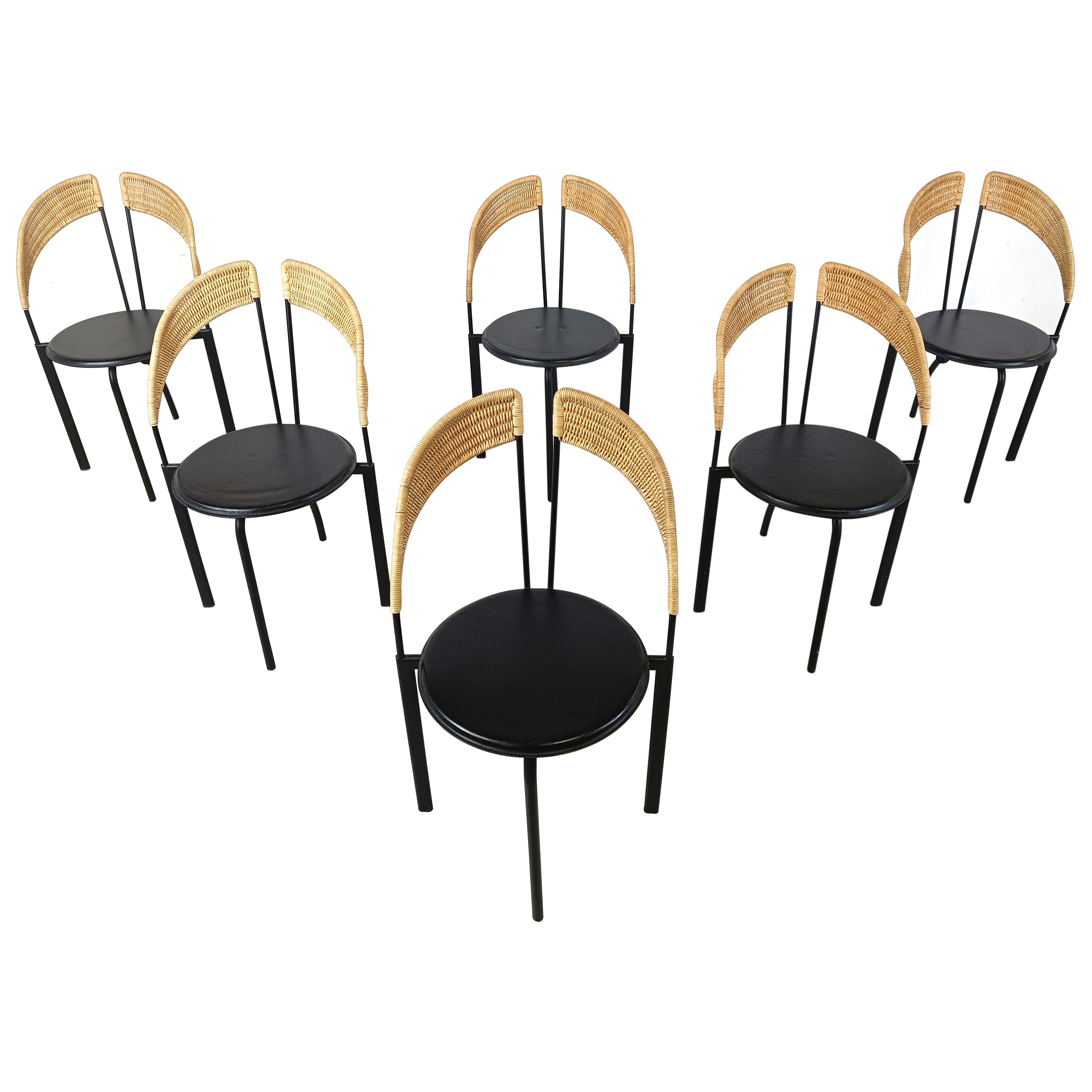 Set of 6 italian postmodern wicker and metal dining chairs, 1980s