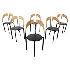 Set of 6 italian postmodern wicker and metal dining chairs, 1980s