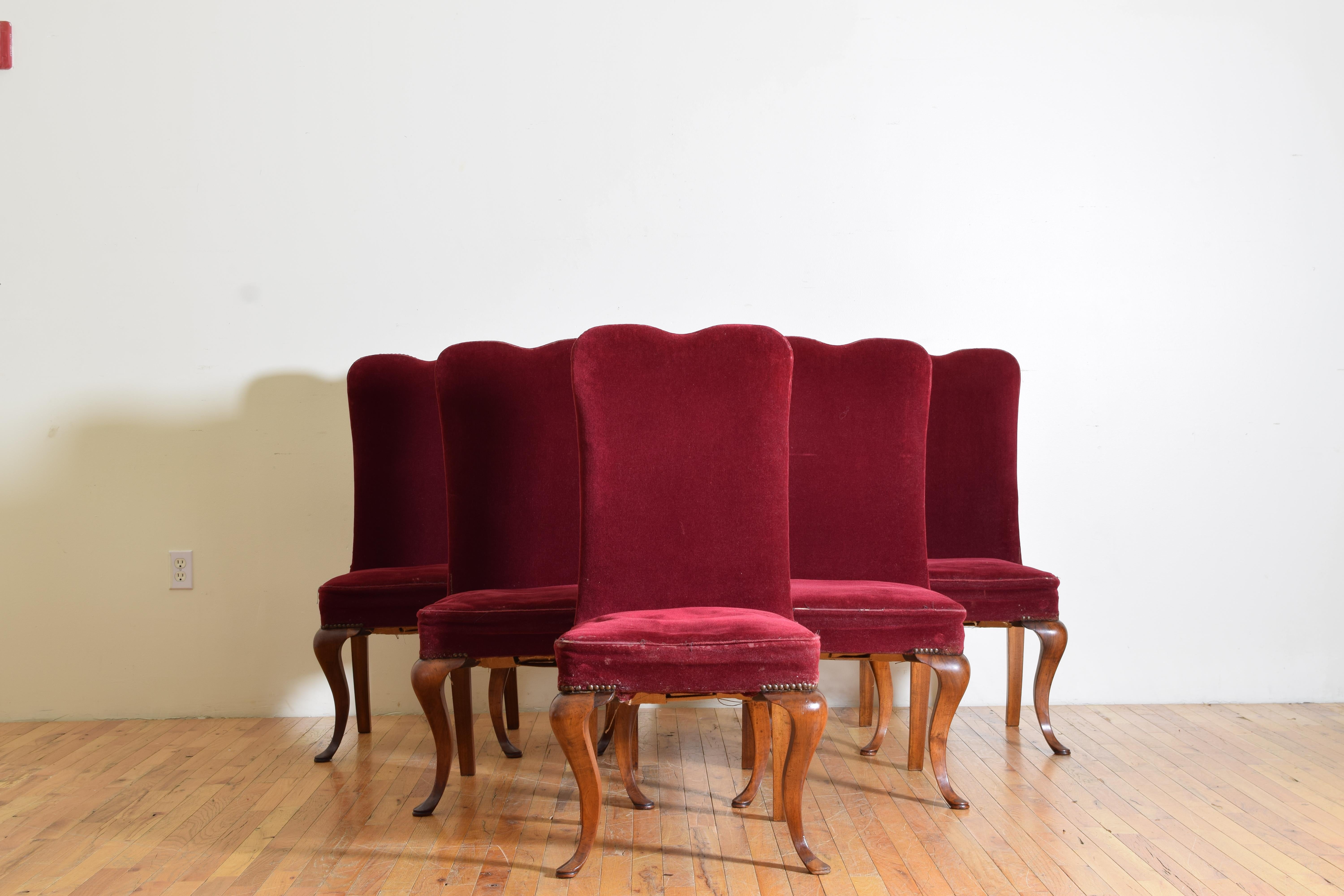 Queen Anne Set of 6 Italian Q. Anne Style Shaped Walnut & Upholstered Dining Chairs, 19thc