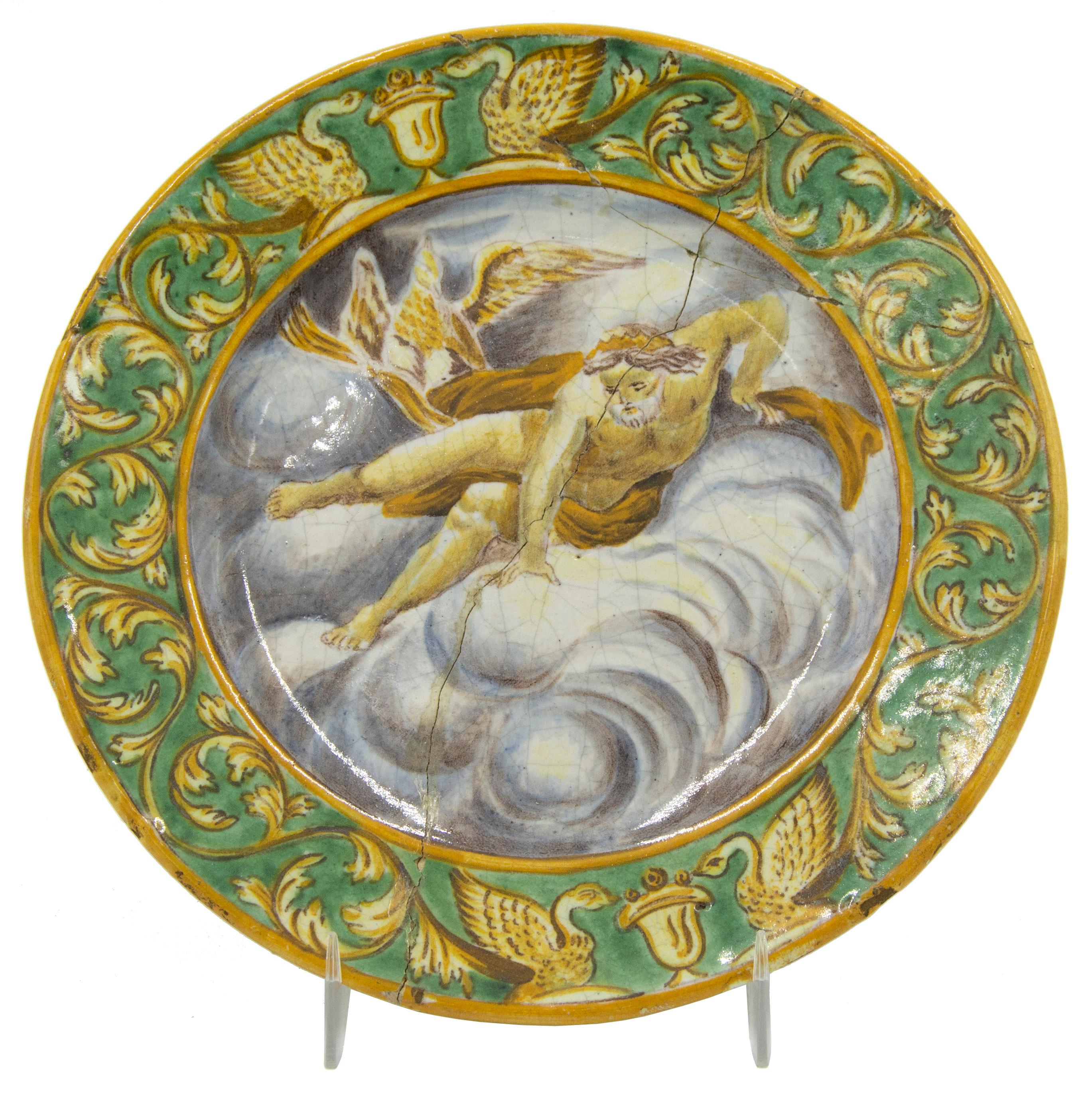 Set of 6 Italian Renaissance-style (17/18th Century) green and gold Majolica porcelain plates with classical scenes (Sara D. Roosevelt) (PRICED AS SET)
