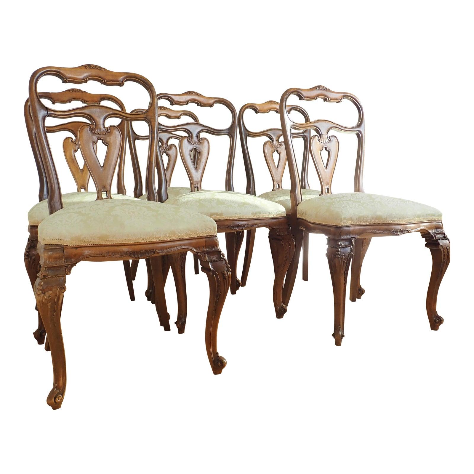 Set Of 6 Carved Italian Walnut Rococo Dining Room Chairs 6