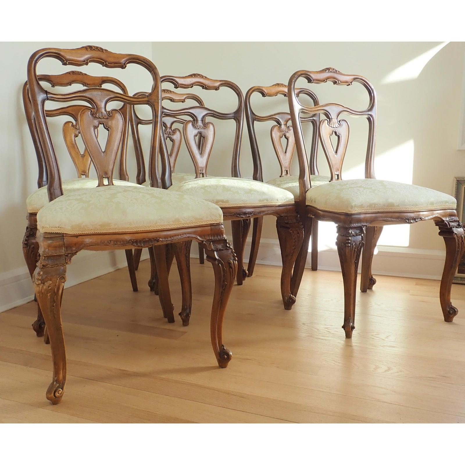 Hand-Carved Set Of 6 Carved Italian Walnut Rococo Dining Room Chairs