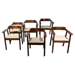 Set of 6 Italian wood armchairs with beige linen seat Vintage Set of 6 Italian wood armchairs with beige linen seat