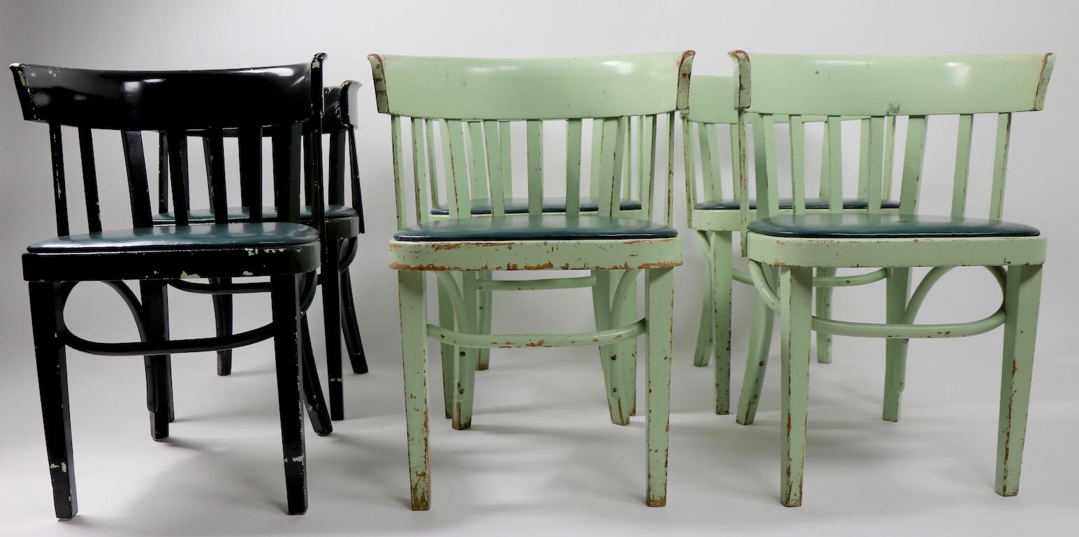 Wonderful set of 6 bentwood cafe chairs made by J J Kohn, design attributed to Josef Hoffmann. Chairs bear shipping label dated 1954. This set is in later paint, four are pale green, two are black, as shown. Structurally sound and sturdy, usable as