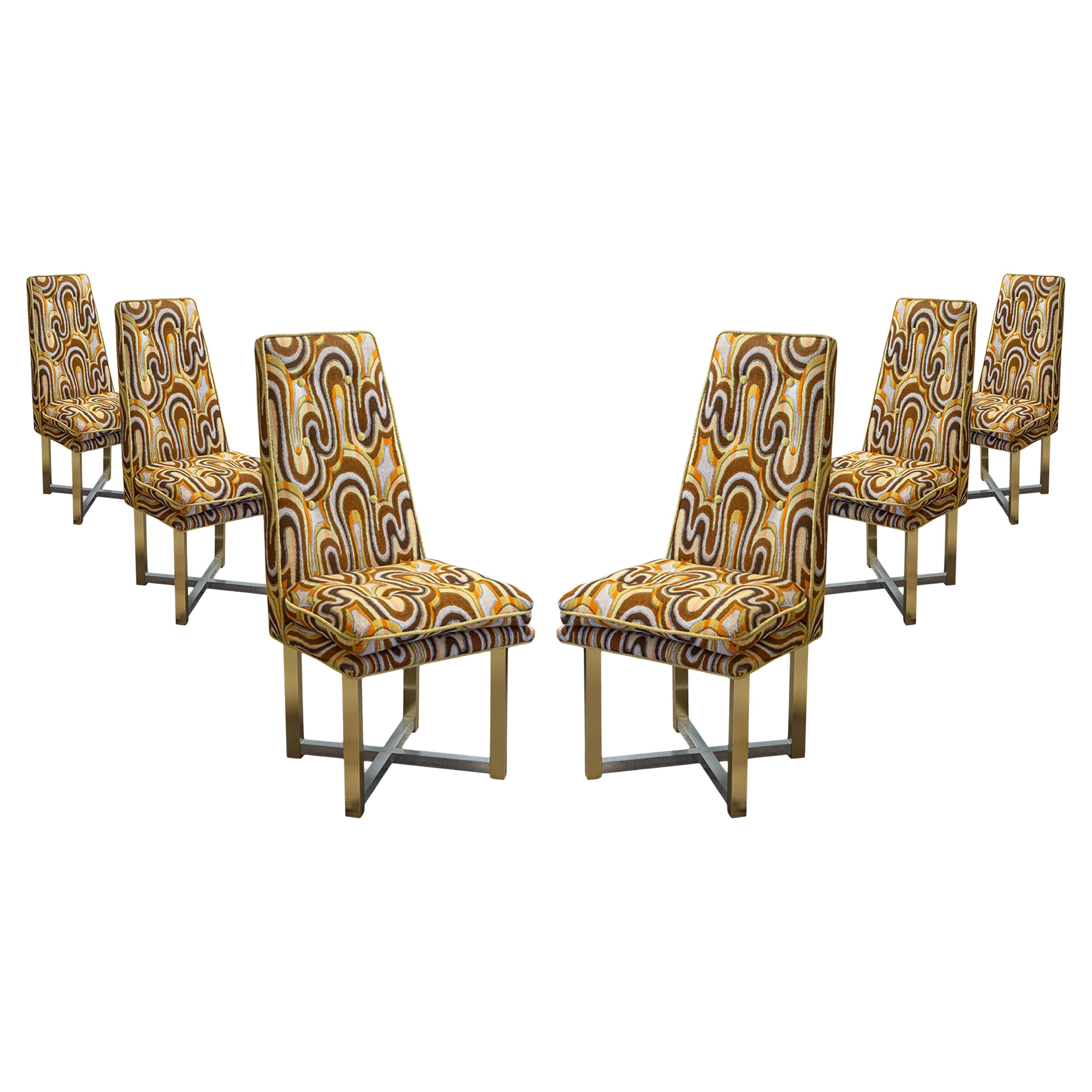 Set di 6 sedie da pranzo vintage in stile Jack Lenor Larsen in tessuto, ottone e cromo in vendita