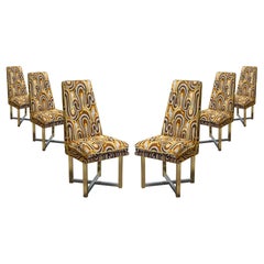 Set of 6 Jack Lenor Larsen Style Fabric Brass and Chrome Vintage Dining Chairs