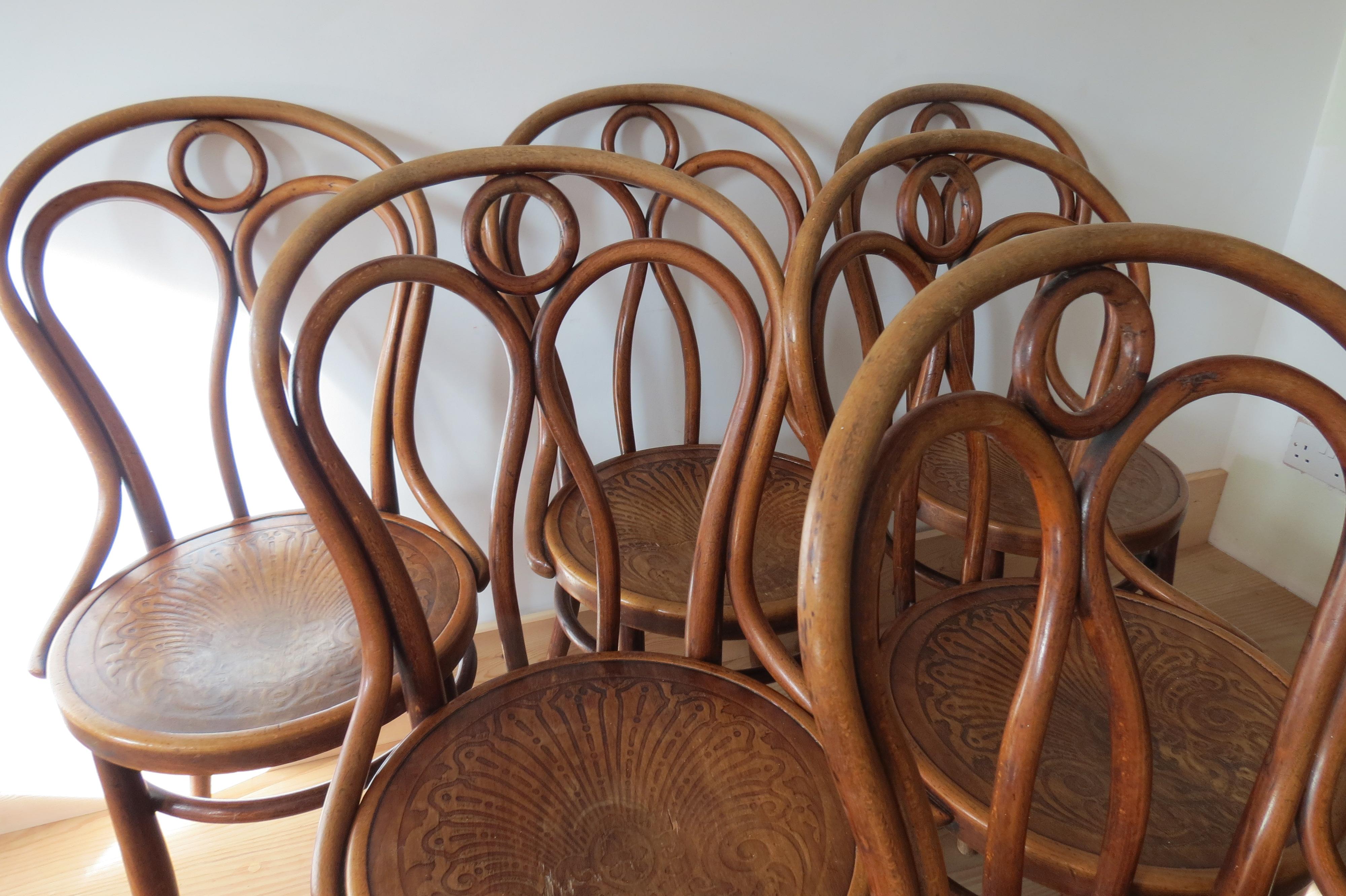 Set of 6 Jacob and Joseph Kohn dining chairs, model number 36. Made from bentwood beech. Date from the early 1900s. In wonderful condition, they retain the original finish, nicely patinated. 
In good original condition, with some signs of wear to