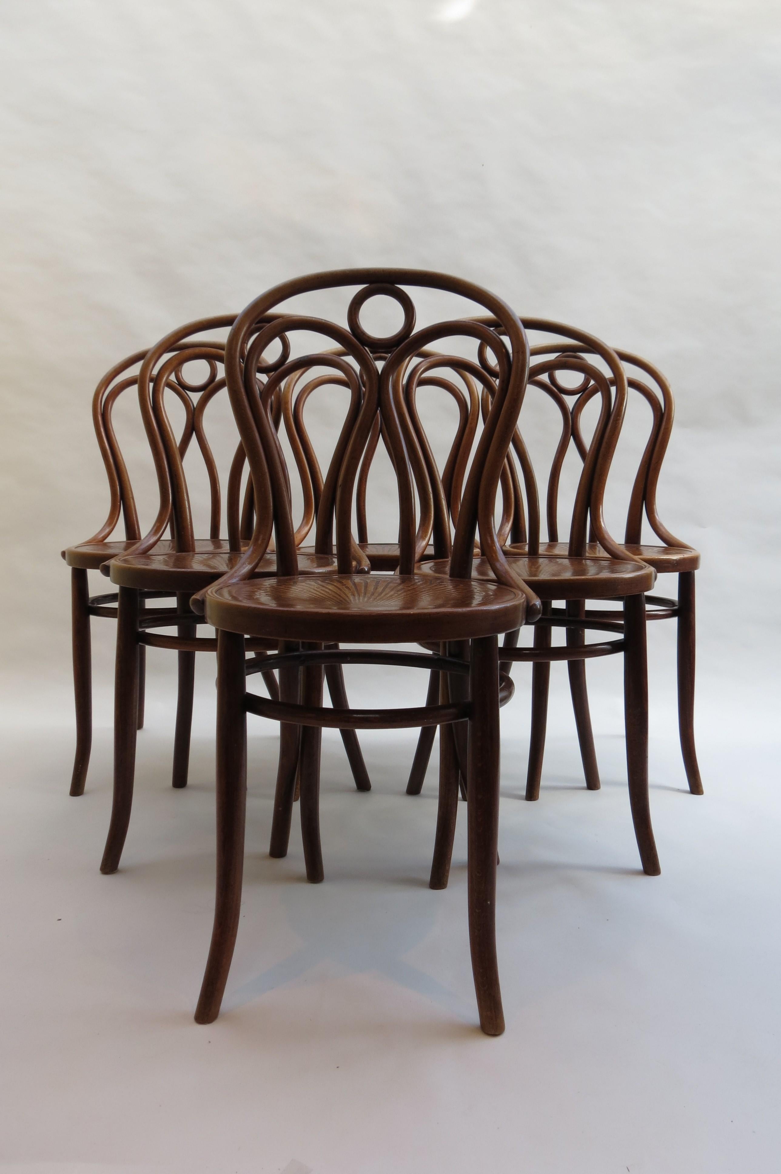 Set of 6 Jacob and Joseph Kohn dining chairs, model number 36. Made from bentwood beech. Date from the early 1900s. In wonderful condition, they retain the original finish, nicely patinated. 
In good original condition, with some signs of wear to