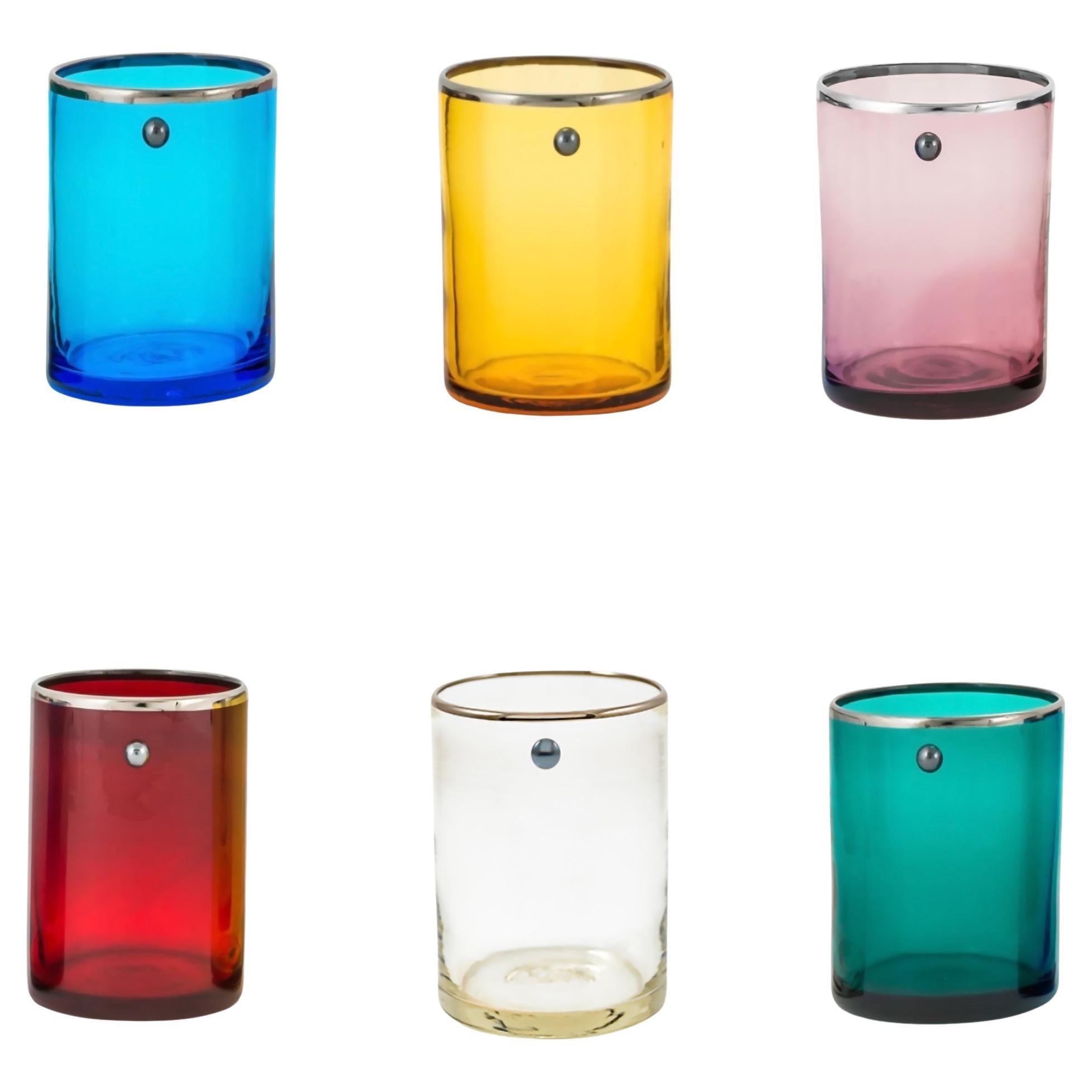Set of 6 JAI glasses with platinum rim and hematite stone, by Giberto Venezia
