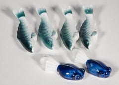 Set of 6 Japanese Porcelain Fish Knife Chopstick Rests, Blue & White