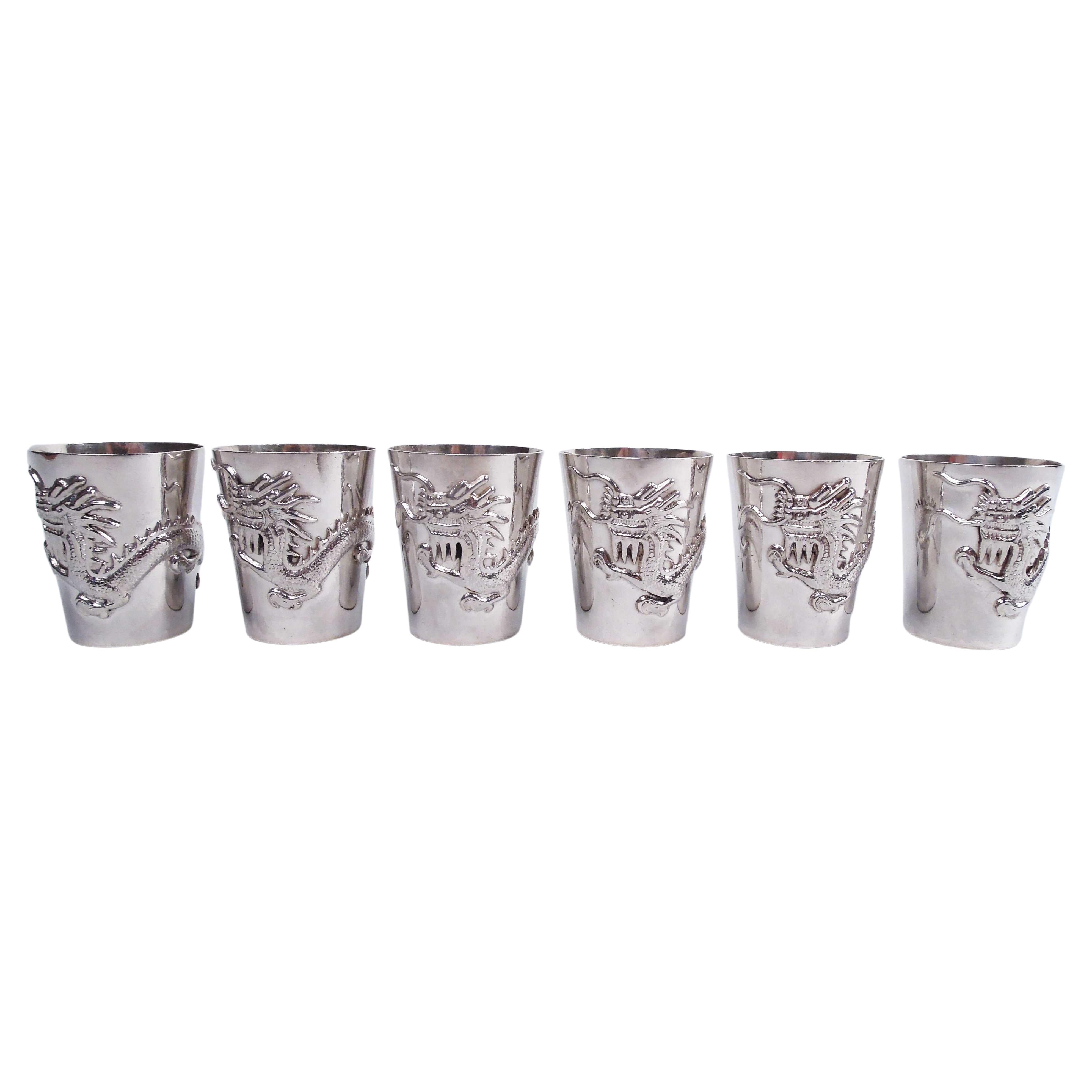Set of 6 Japanese Silver Firewater Dragon Shot Glasses For Sale