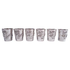 Used Set of 6 Japanese Silver Firewater Dragon Shot Glasses