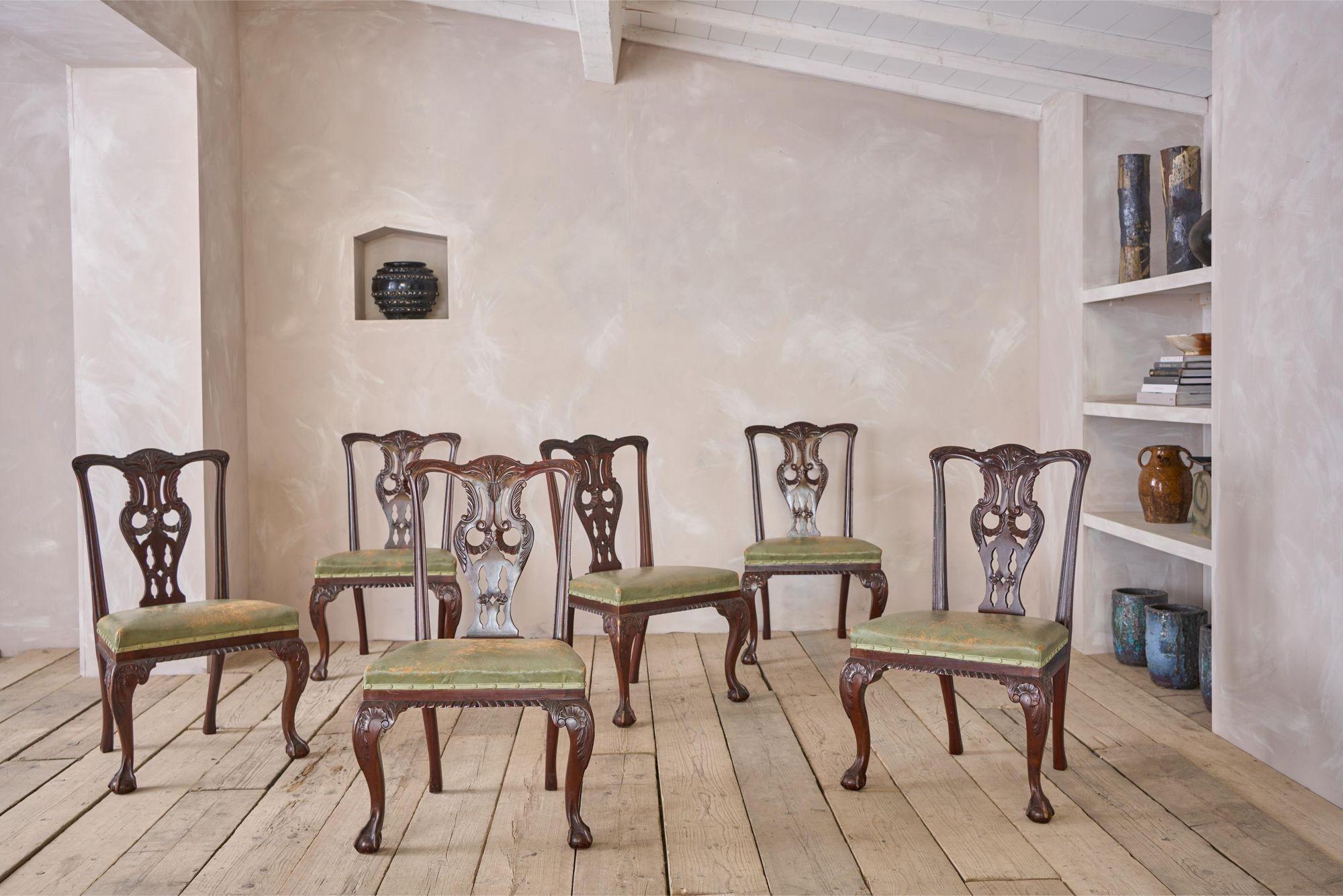 These are a fabulous set of c.1900 Jas Shoolbred dining chairs. Made of mahogany and very much in the Georgian style. The carved detail is very nicely done and gives these an extremely impressive design which is accentuated beautifully with the