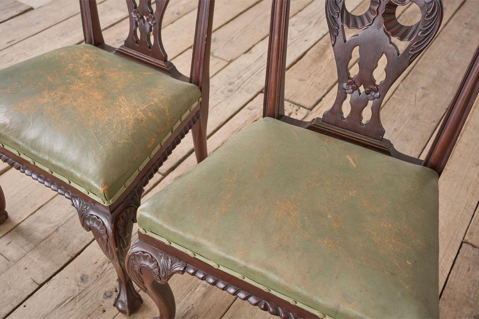 Mahogany Set of 6 Jas Shoolbred Dining chairs in mint green leather For Sale
