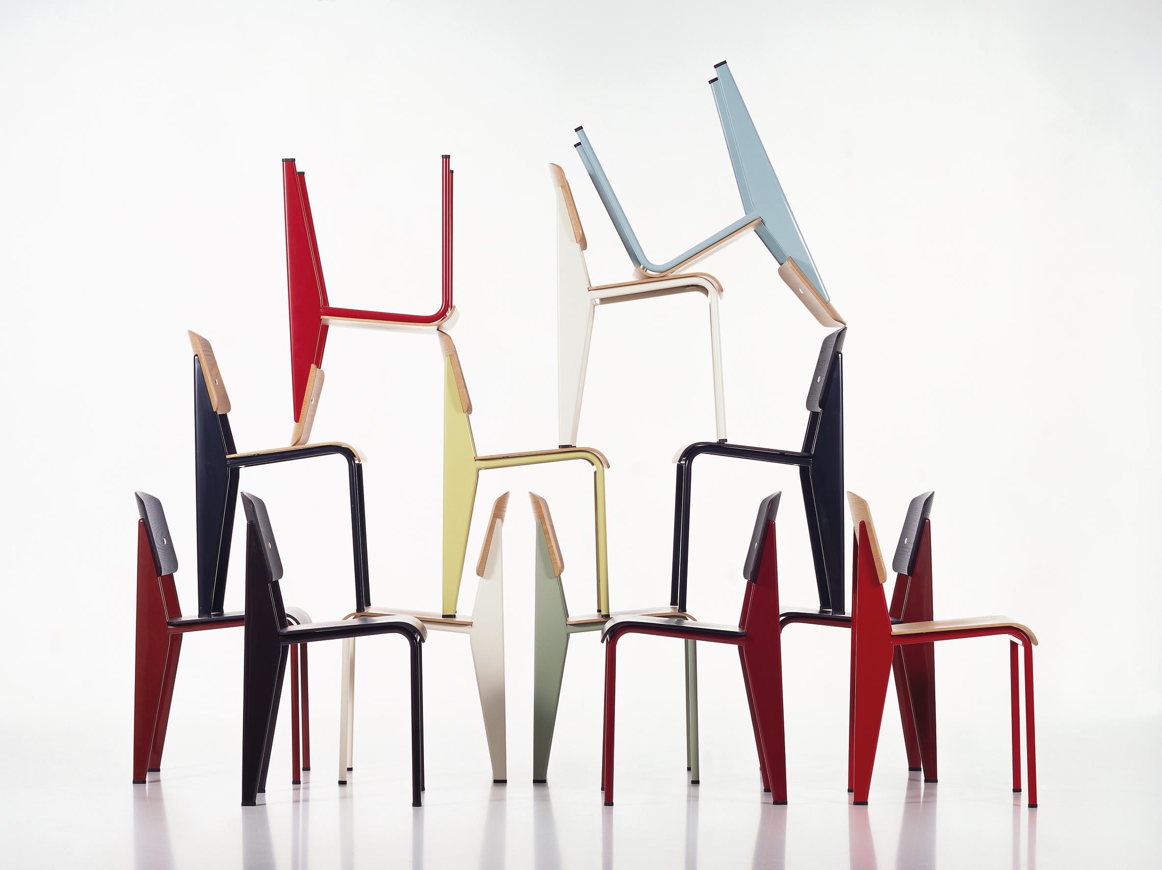6 Stühle Jean Prouvé Standard SP in Teak Brown und Rot für Vitra 7