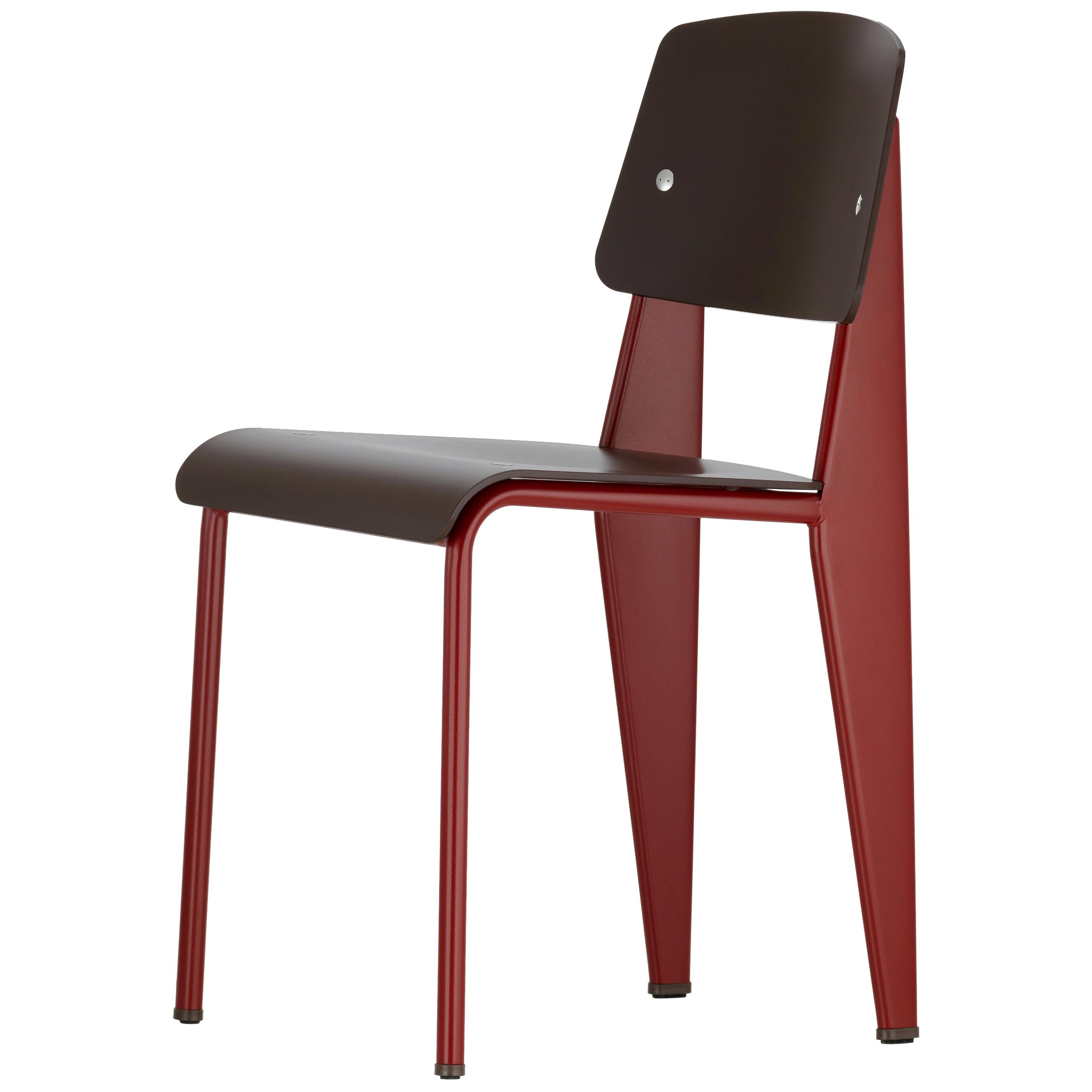 Powder-Coated Set of 6 Jean Prouvé Standard SP Chairs in Teak Brown and Red for Vitra