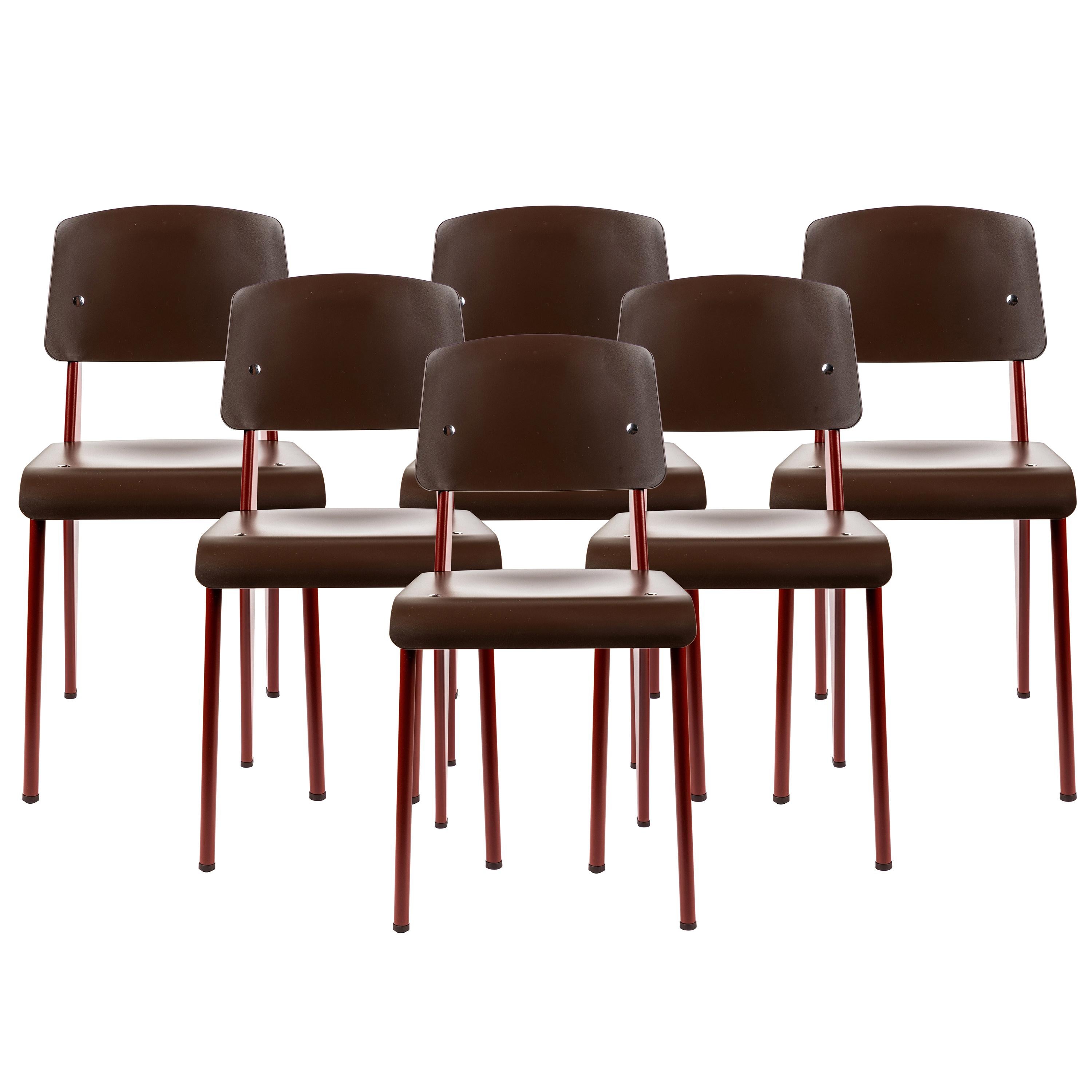 6 Stühle Jean Prouvé Standard SP in Teak Brown und Rot für Vitra