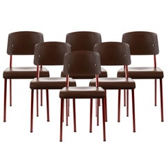 Set of 6 Jean Prouvé Standard SP Chairs in Teak Brown and Red for Vitra