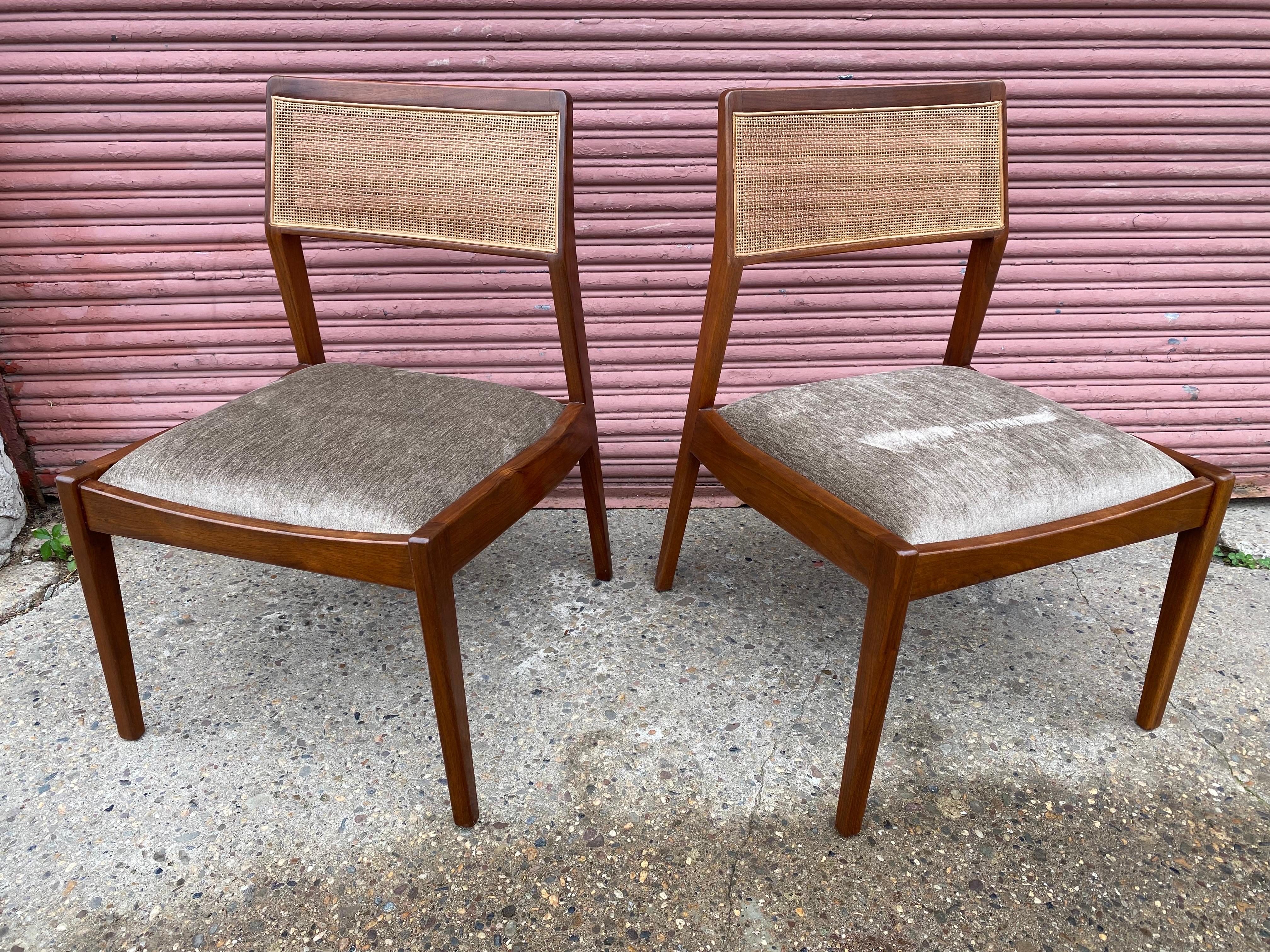 Set of 6 Jens Risom Dining Room Chairs.  Newly refinished, reupholstered and caning replaced!  These are a nice large scale dining chair!  Very solid and ready to go!  New velvet seat upholstery.