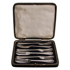 Antique Set of 6 Jesmond Pattern Silver Cake Forks in Box, Dated 1924, Sheffield Assay