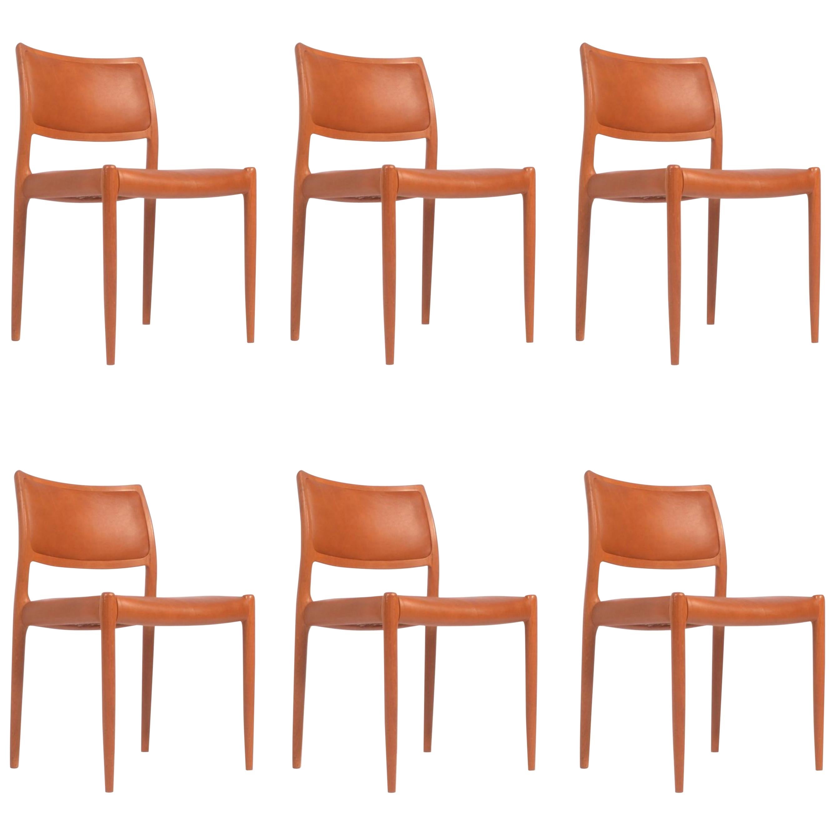 Set of 6 J.L. Møller Model 80 Dining Chairs by Niels Møller in Leather
