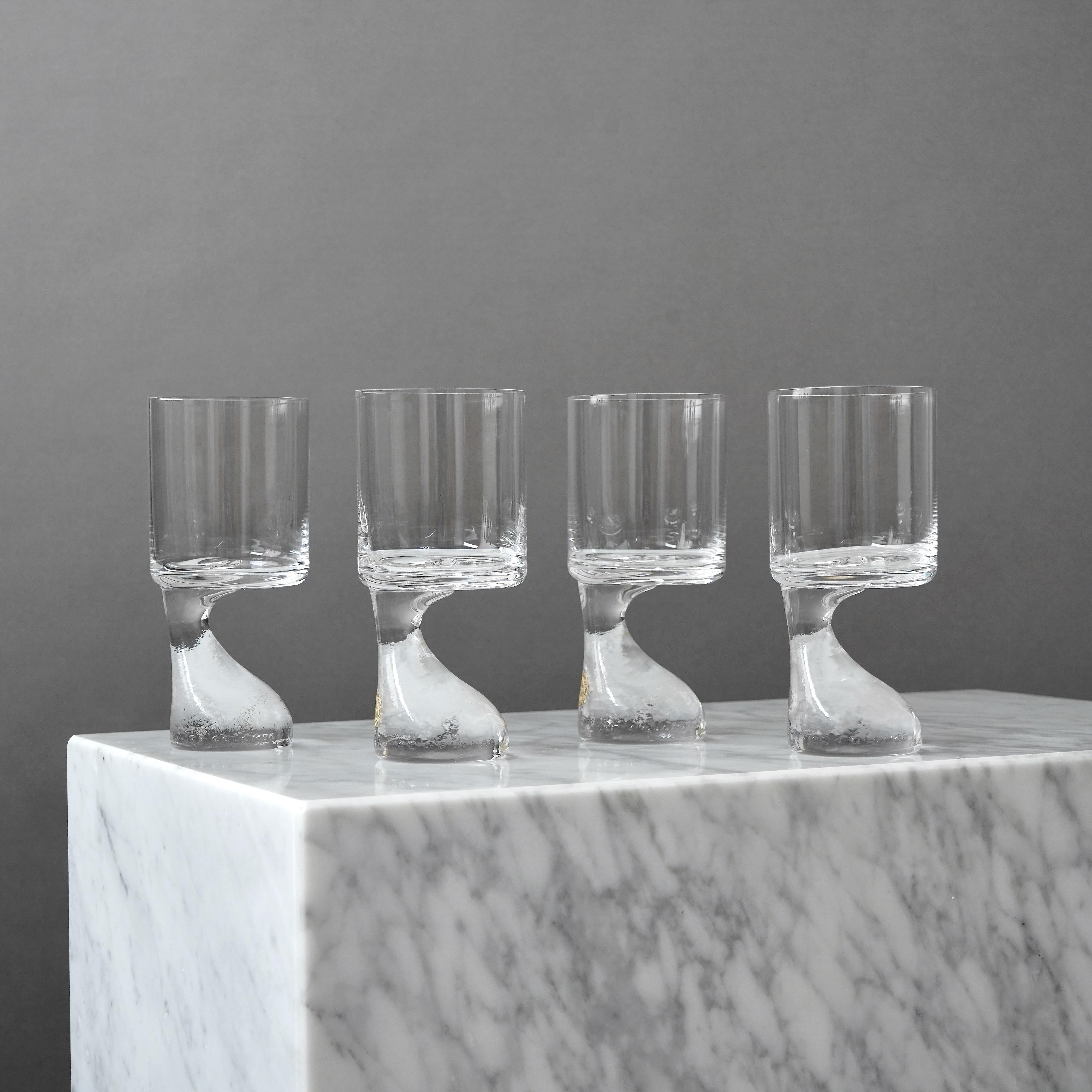 A set of six cool original 1960s modernist drinking glasses. 
Designed by Joe Colombo in 1964 and made of handblown crystal glass by C.J. Riedel, Austria.

Joe Colombo called them 'Assimetrico' and 'Smoke'. The sculptural shape was designed to be