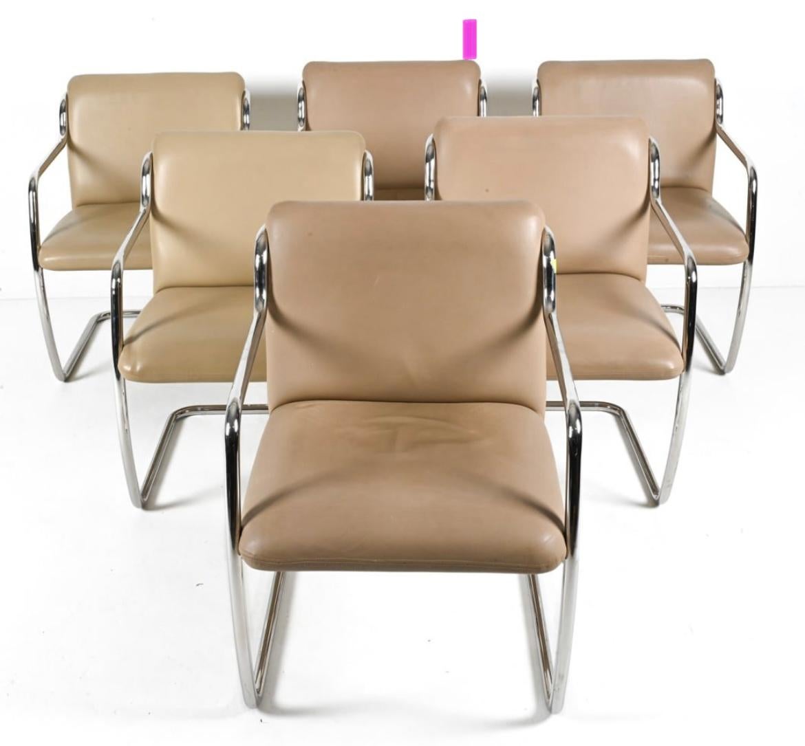 Set of 6 John Duffy tan leather chrome tube chairs In Good Condition For Sale In BROOKLYN, NY