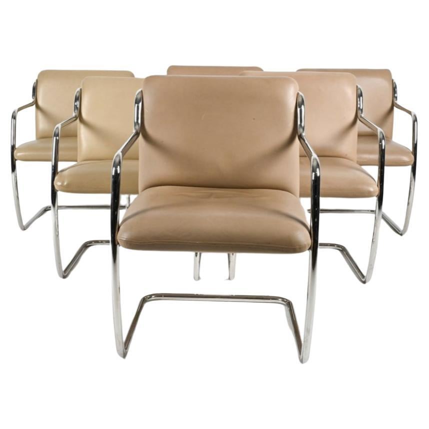 Set of 6 John Duffy tan leather chrome tube chairs For Sale