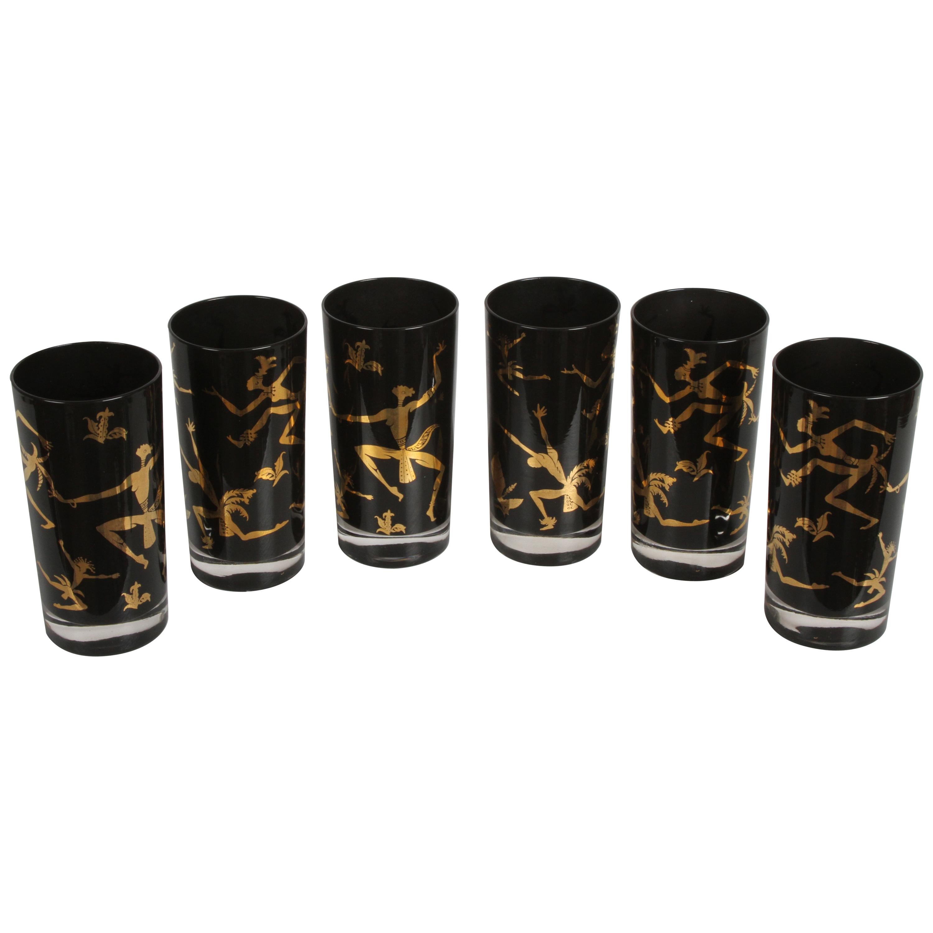 Set of 6 Josephine Baker "Exotic African Tribal Dancers" Gold and Black Barware