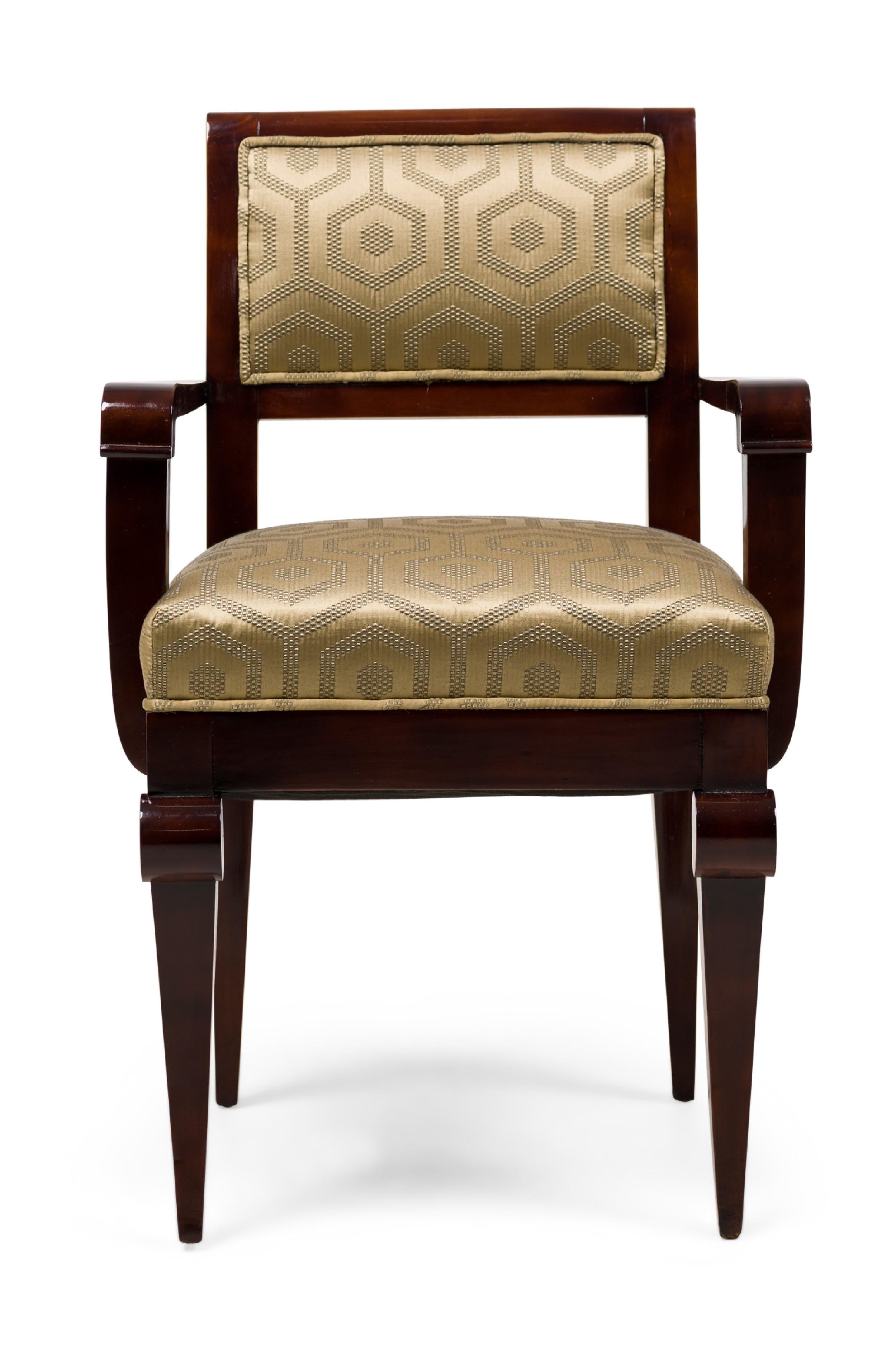 SET of 6 French Art Deco dining armchairs with amboyna wood frames, upholstered in a gold fabric with a hexagonal geometric pattern (PRICED AS SET) (JULES LELEU)
