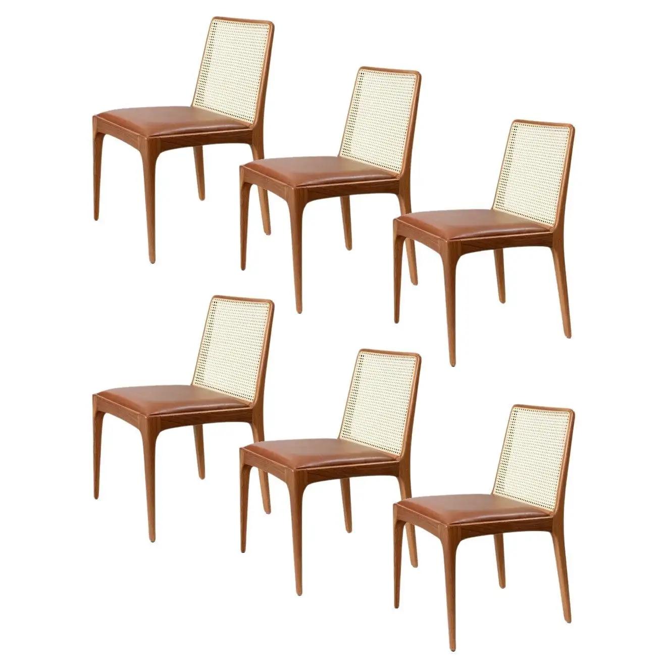 Set of 6 “Julia” chairs made of solid wood, natural-colored square straw backres