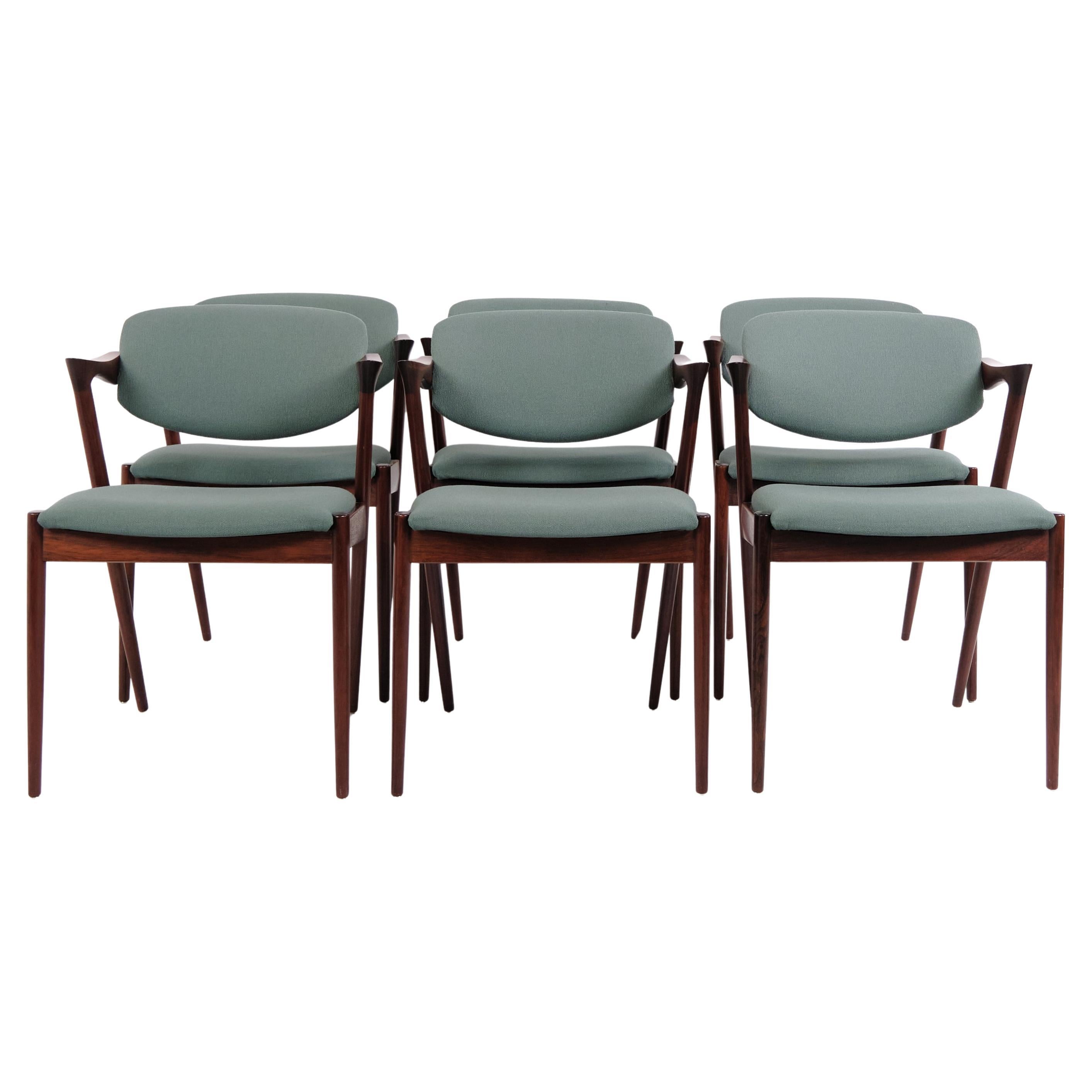 Set Of 6 Kai Kristiansen Model 42 Dining Chairs In Rosewood With Blue Upholstery
