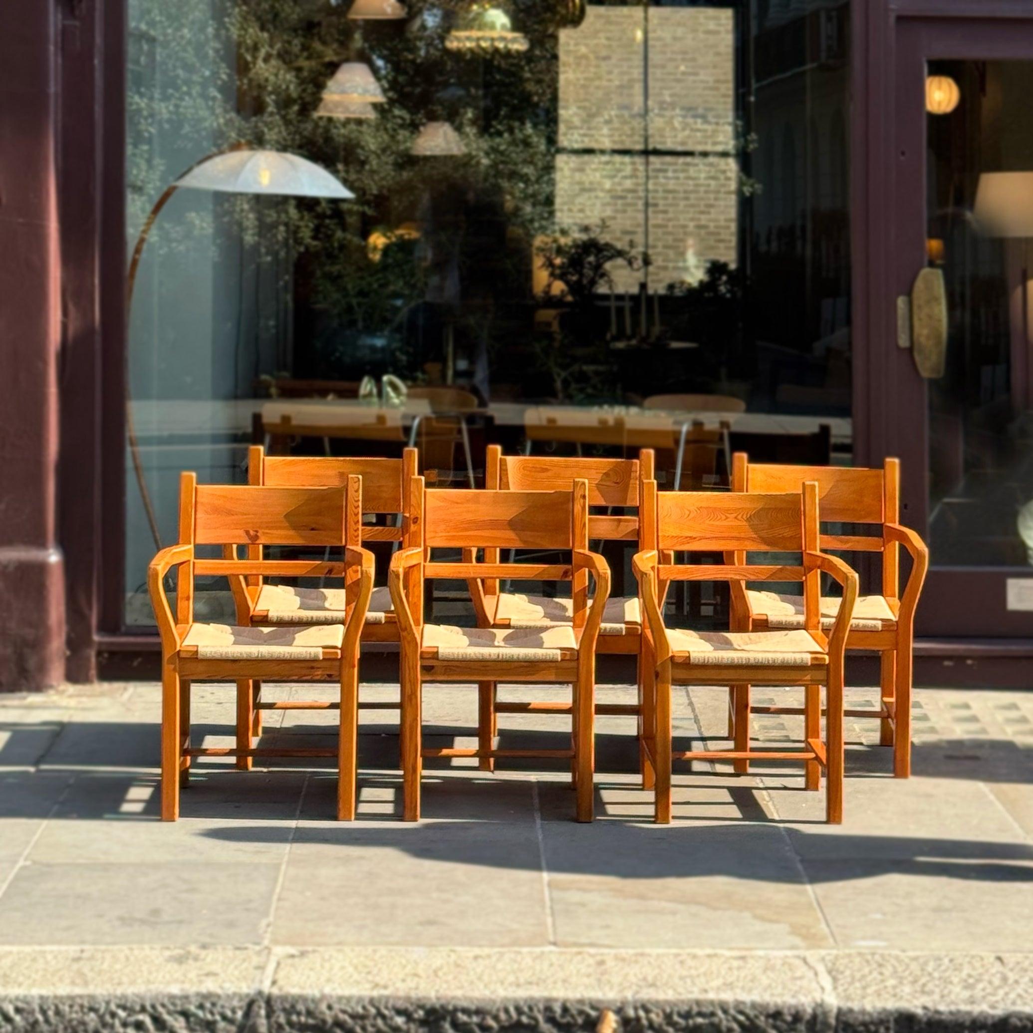 Description:

A set of 6 pine dining chairs with Danish cord seats made during the late 1970s- early 1980s by Danish cabinetmaker, Gramrode Møbelfabrik, and designed by Tage Poulsen. 

A simple design, well considered, with wide, corded seats and
