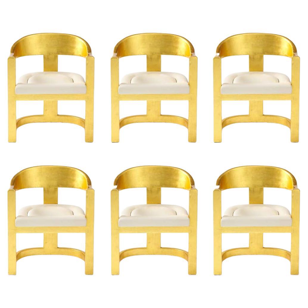 Set of 6 Karl Springer Gold Onassis Chairs with Leather Upholstery For Sale