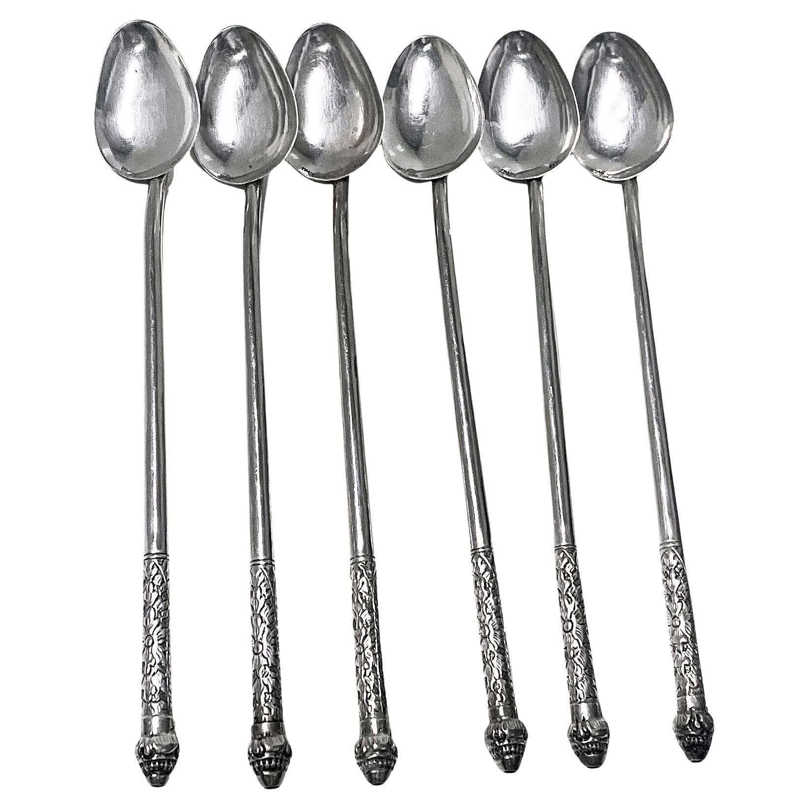 Set of 6 Khmer Cambodian Silver 900 straw Iced Teaspoons, C.1920 For