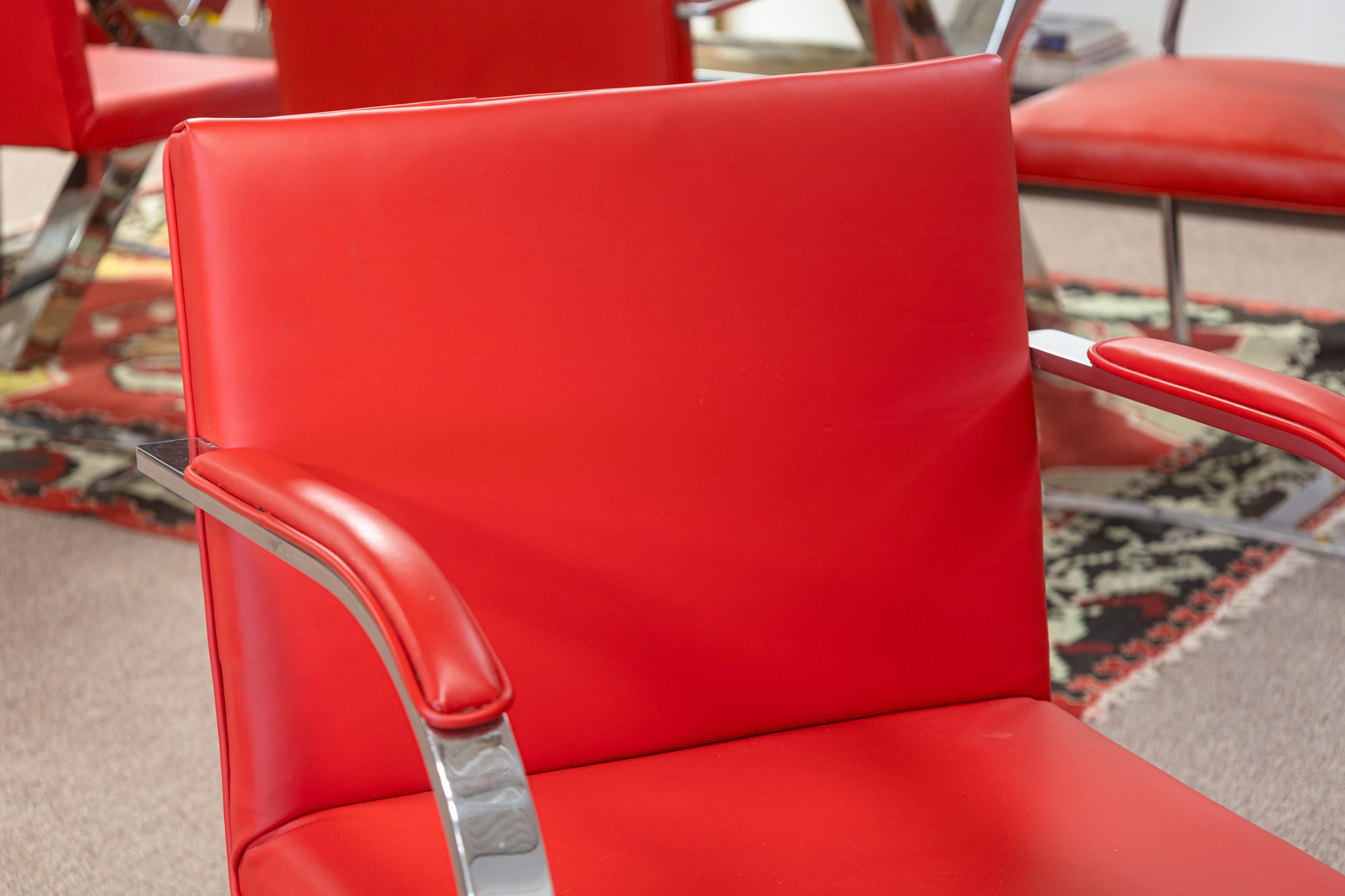 Set of 6 Knoll Brno Flat Bar Chrome Chairs with Authentic Ferrari Red Leather Moderno de mediados de siglo en venta