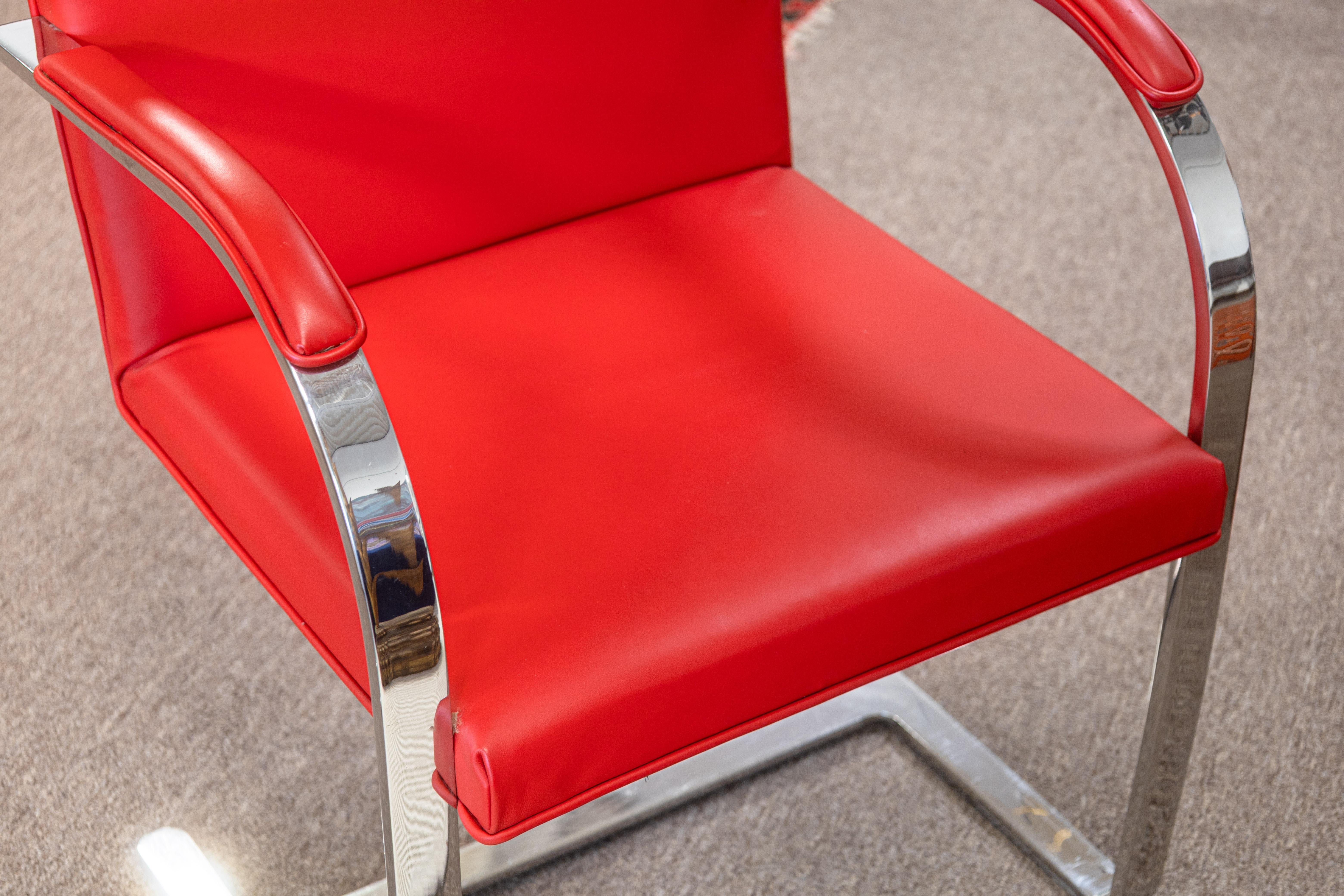 Set of 6 Knoll Brno Flat Bar Chrome Chairs with Authentic Ferrari Red Leather Estadounidense en venta