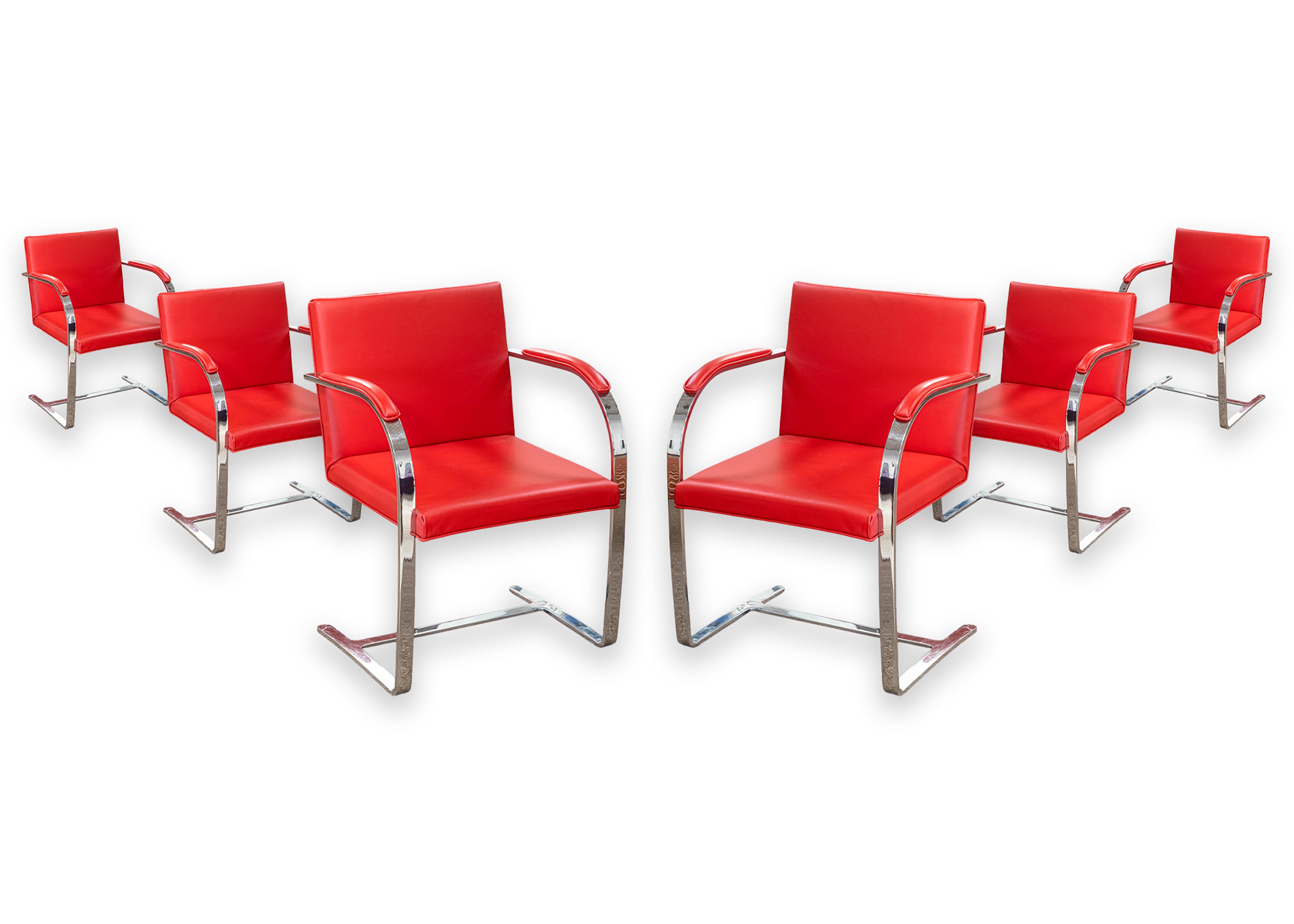 Set of 6 Knoll Brno Flat Bar Chrome Chairs with Authentic Ferrari Red Leather en venta 2
