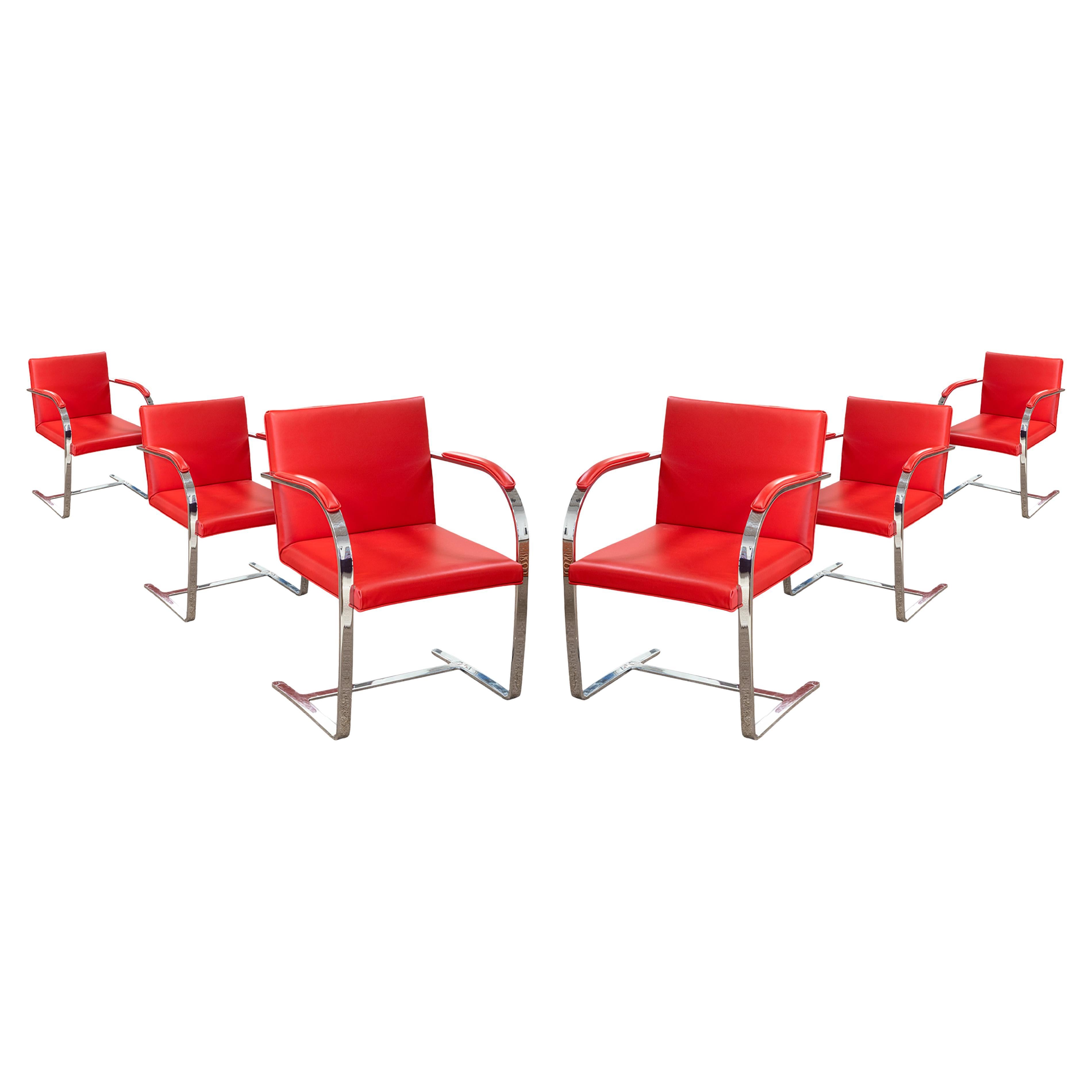 Set of 6 Knoll Brno Flat Bar Chrome Chairs with Authentic Ferrari Red Leather en venta