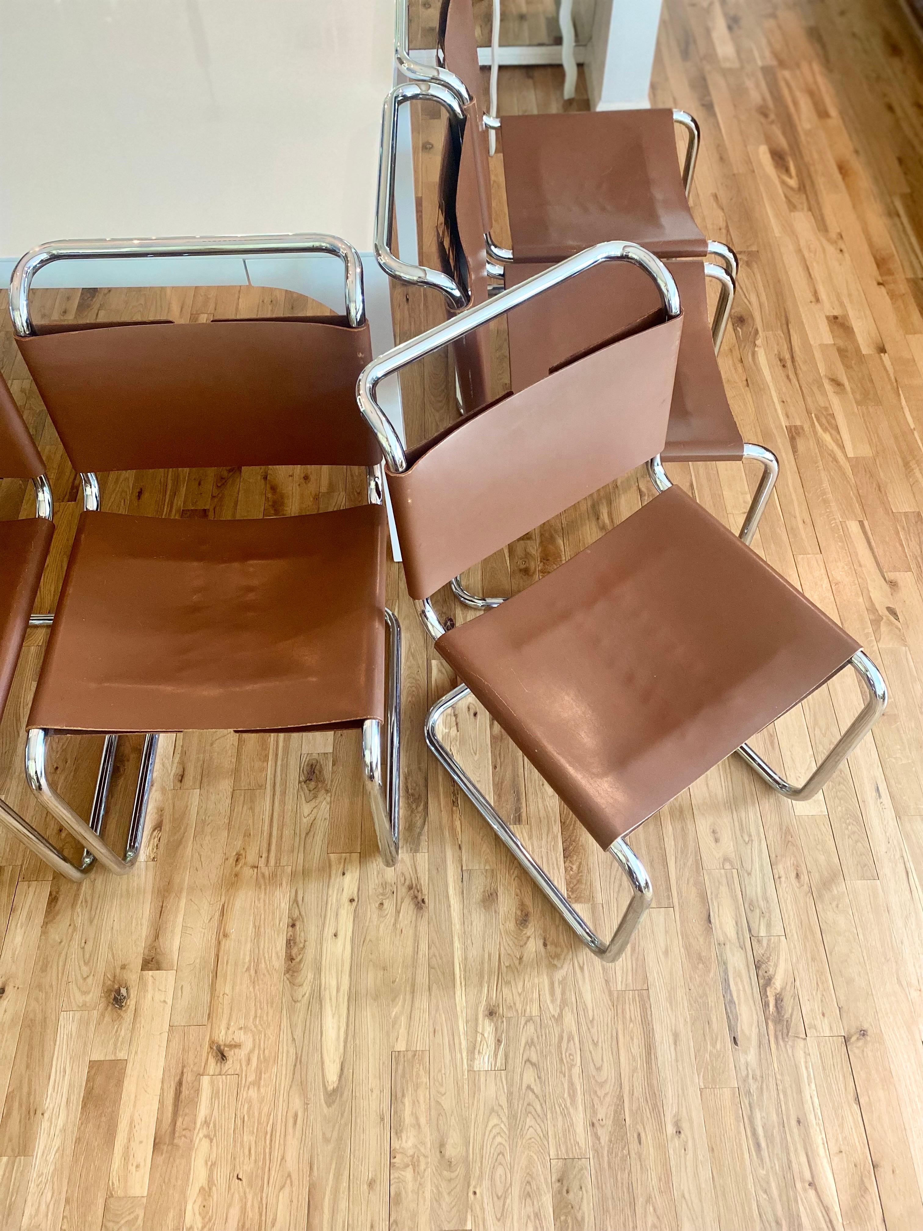 Leather Set of 6 Knoll Spoleto Dining Chairs in Rich Cognac
