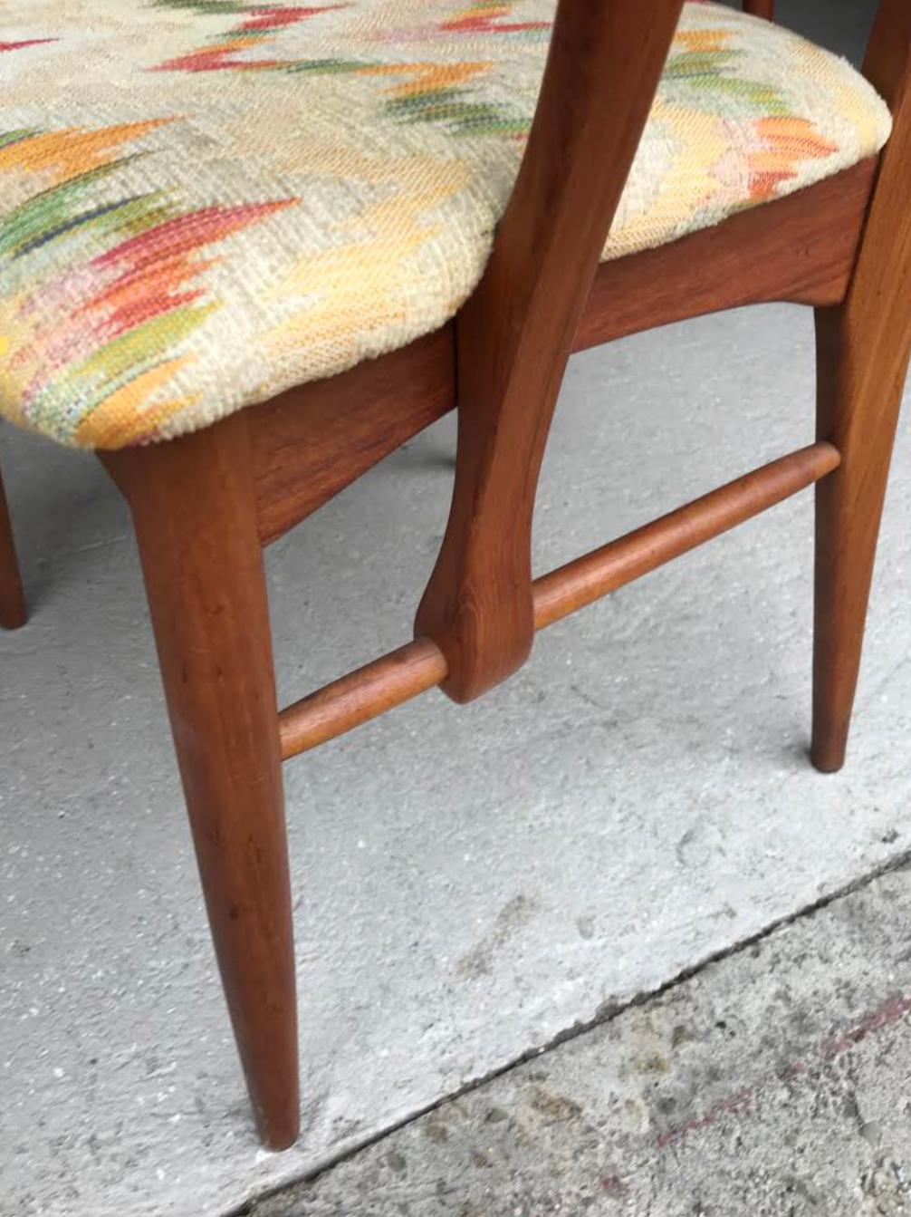 Set of 6 Niels Koefoed for Koefoeds Hornslet teak dining chairs. 2 armchairs with 4 side chairs. All in great condition with minor wear. Original finish, freshly oiled. Upholstery is in good condition too, with no issues. Measures: 21 1/2