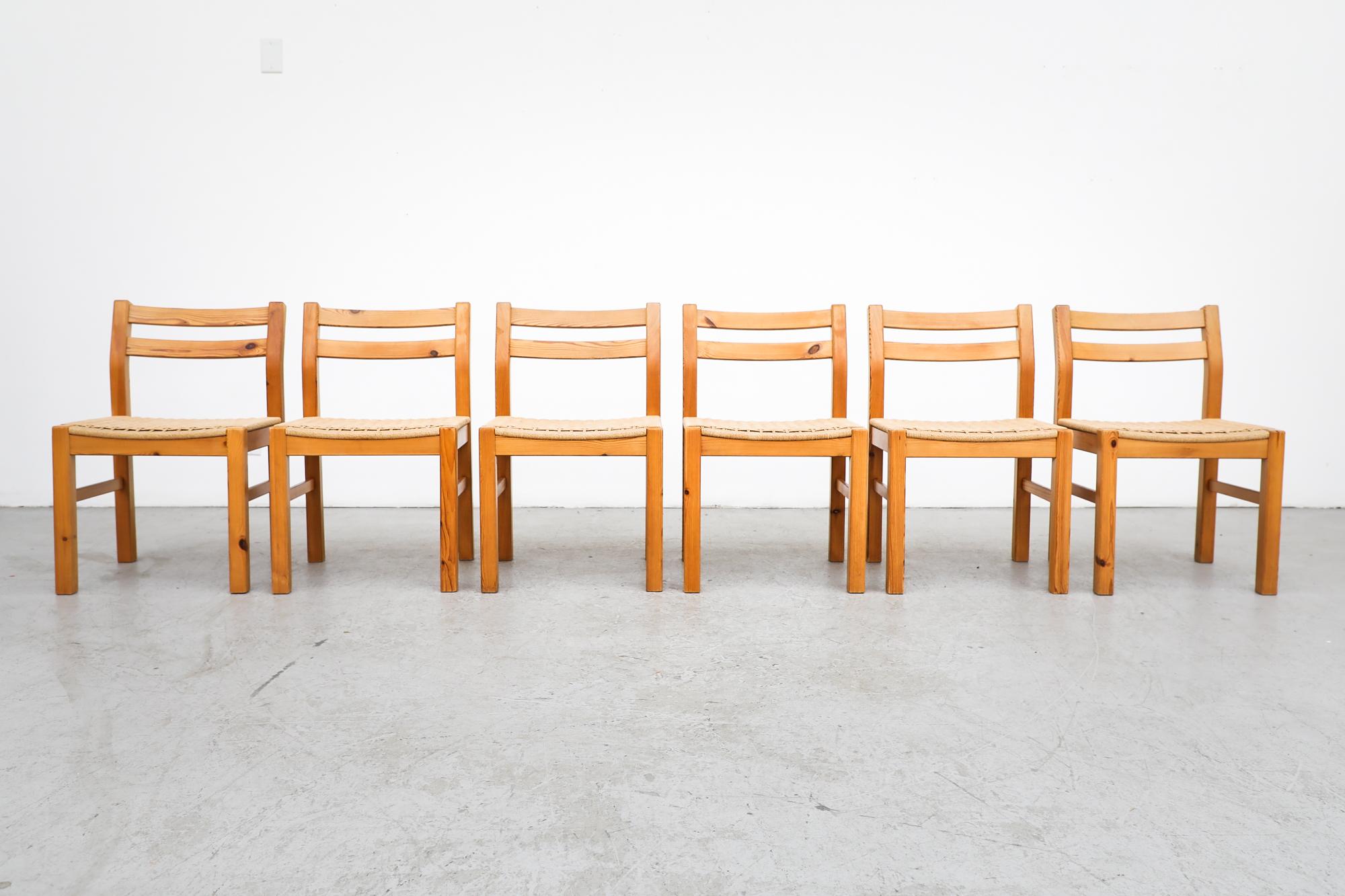 Vintage set of 6 Danish mid century Korup Stolefabrik dining chairs with solid pine frames and papercord seats. In original condition with visible wear consistent with their age and use. Priced as a set.